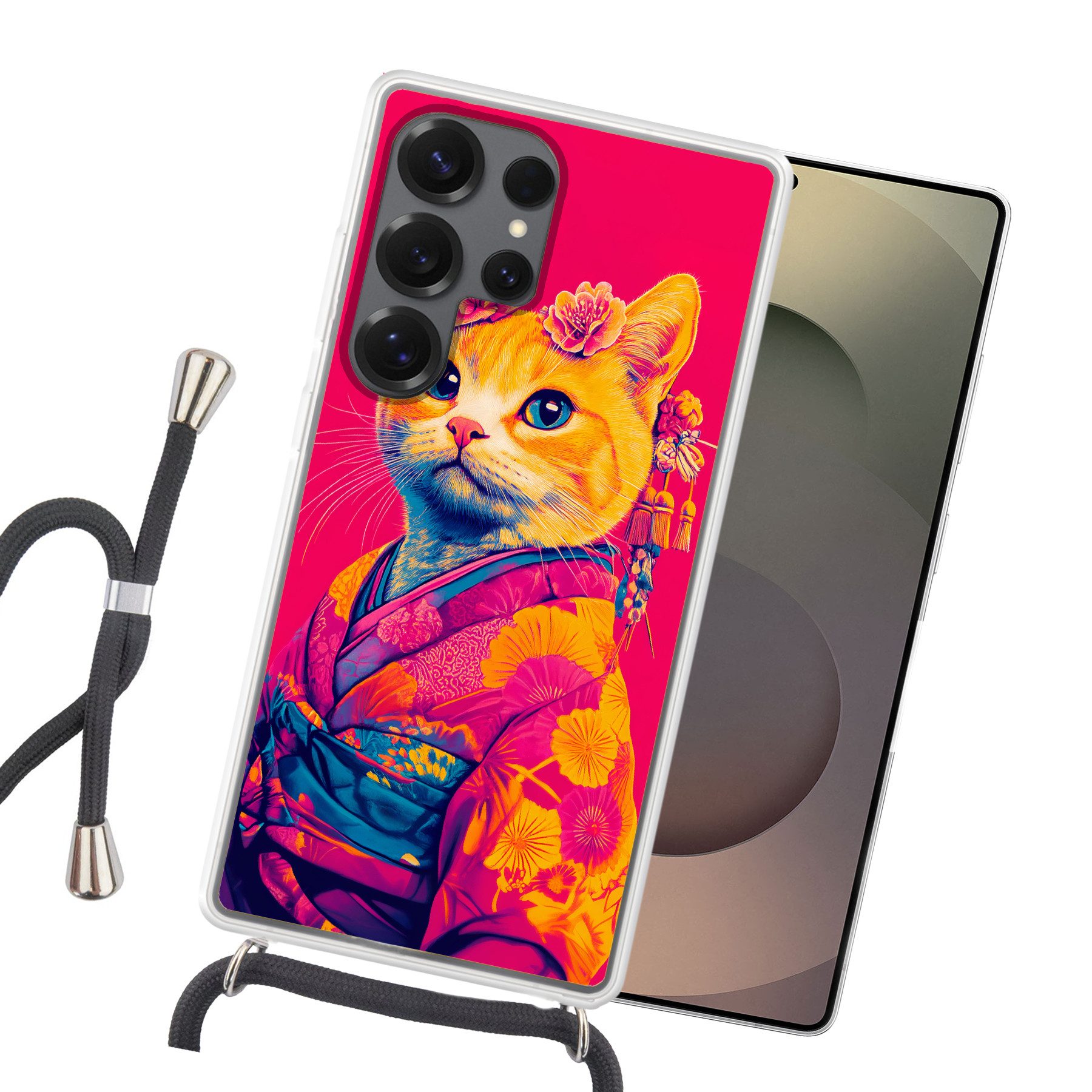 MuchoWow Handyhülle für Samsung Galaxy S25 Ultra Katze - Kimono - Blumen - Rosa, Tragbare Handyhüllen mit Kette zum umhängen, Handykette Handyband