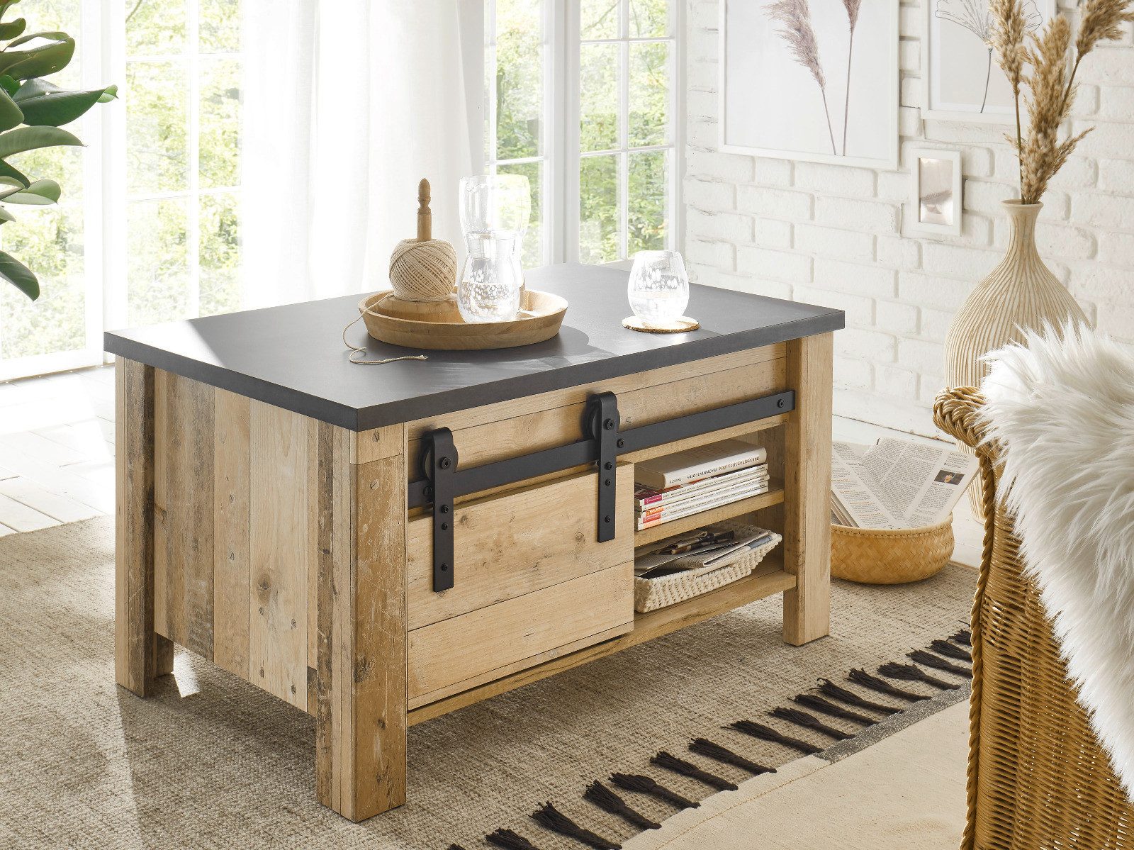 Furn.Design Couchtisch Stove (Wohnzimmertisch in Used Wood, 90 x 60 cm), mit Schiebetür