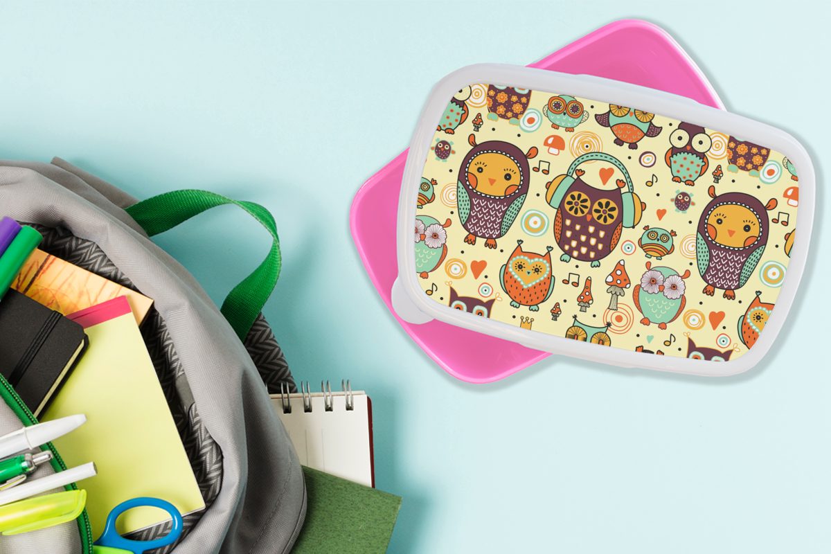 MuchoWow Lunchbox Kunststoff Snackbox, Mädchen, - Muster, (2-tlg), für Brotbox Kunststoff, rosa Eule Kopfhörer Kinder, Erwachsene, Brotdose 