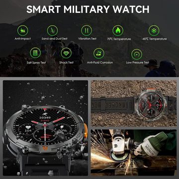 LaNikar Herren mit Telefonfunktion,3ATM Wasserdicht Militär Smartwatch (1.45 Zoll, Andriod iOS), mit LED Taschenlampe RobusteOutdoorUhren mit 24H Gesundheits-Screening