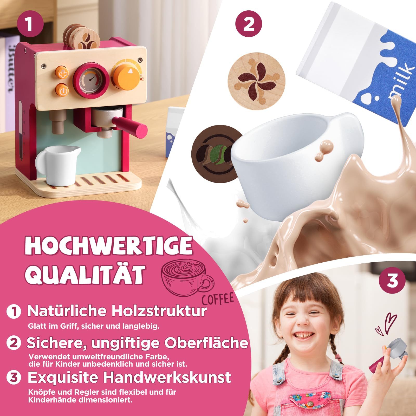 CLTYQ Kinder-Kaffeemaschine Kinderküche Kaffeemaschine Kinder Holz,Montessori Spielzeug ab 3 Jahre, Milchkännchen & Zubehör, Lernspielzeug Rollenspiel, Kaffeeset Kinder