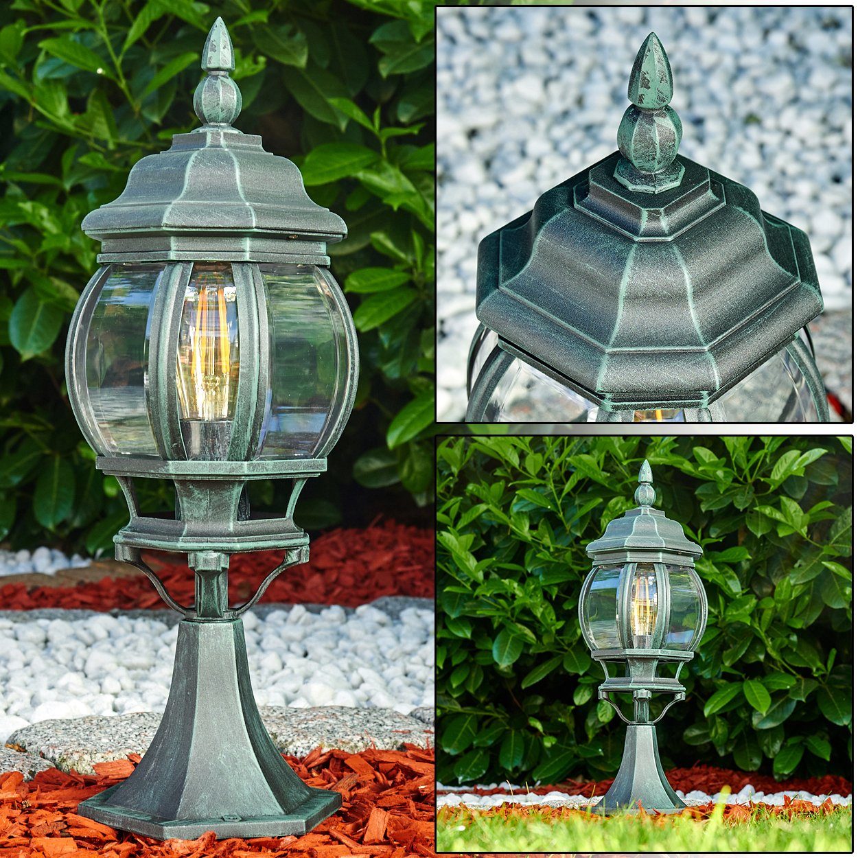 Retro/Vintage E27, Aluguss Look hofstein in 50cm, Kunststoff-Scheiben, Gartenlampe, Schwarz/Grün mit Leuchtmittel, Wegeleuchte Pollerleuchte in IP44 ohne Außenleuchte antikem »Meyen«