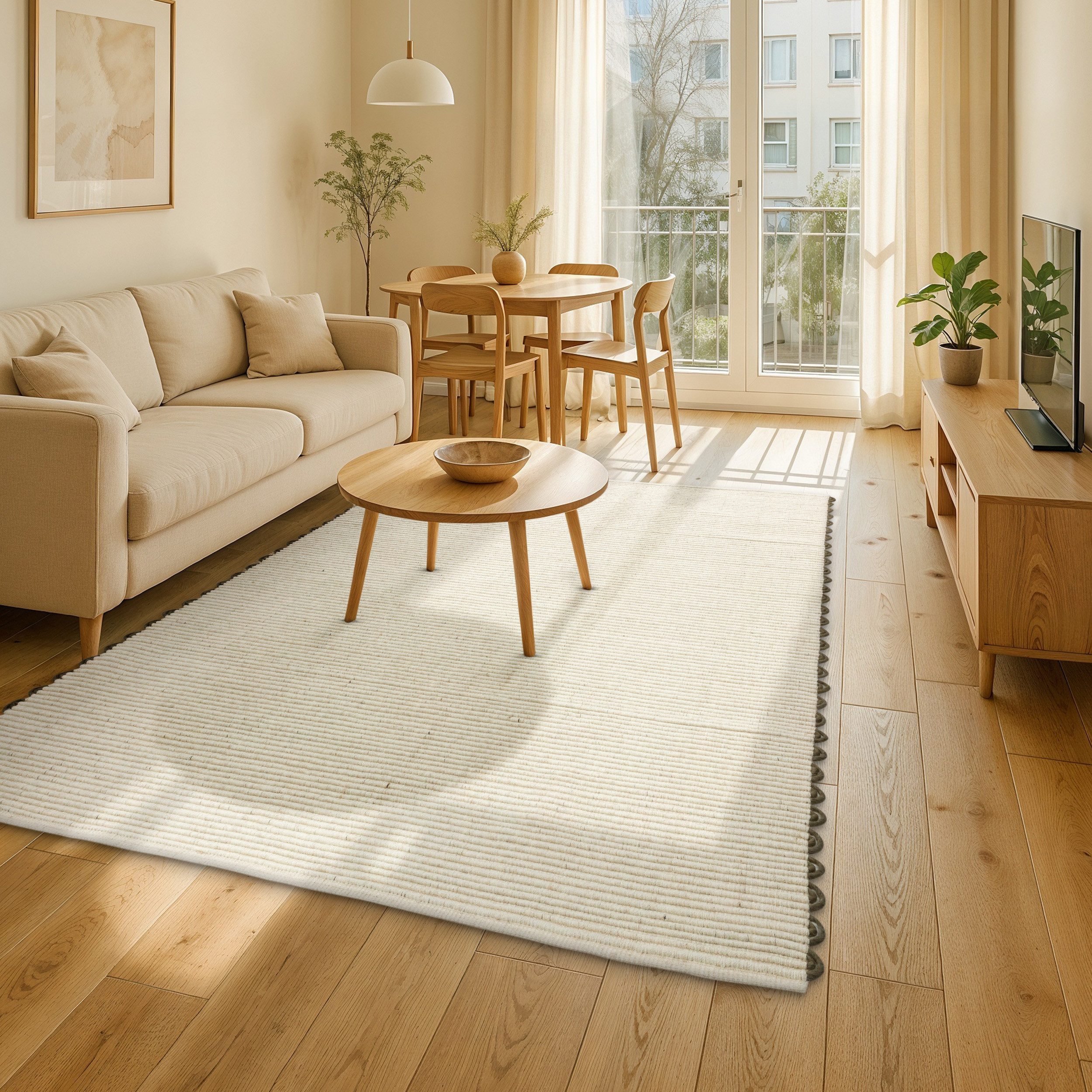 SCHÖNER WOHNEN-Kollektion Wollteppich Omira, rechteckig, Höhe: 7 mm, reine Wolle, Linien, dekorative Häkelkante, Wohnzimmer