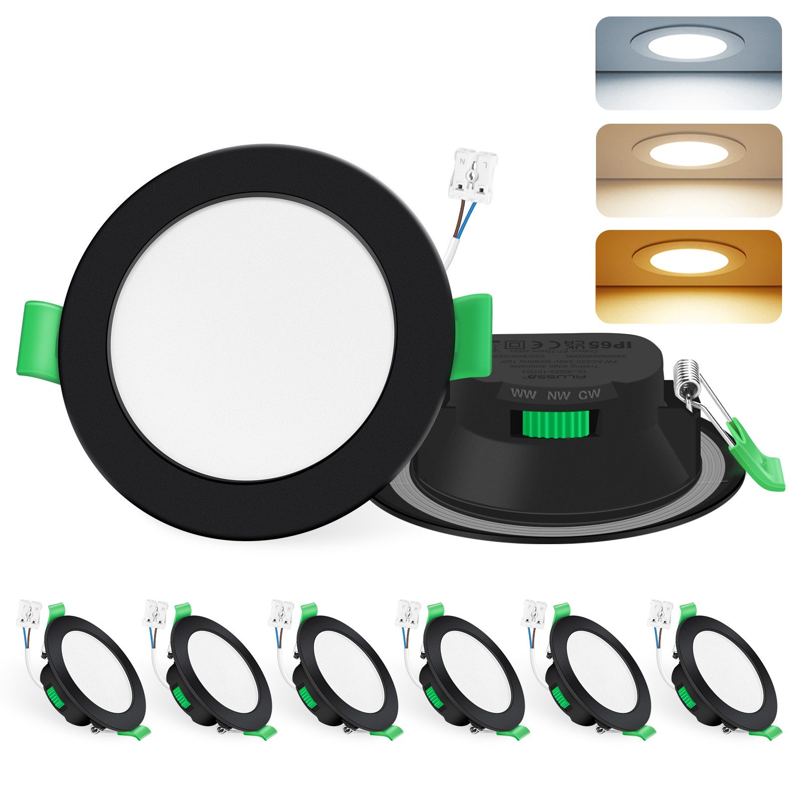 ALUSSO LED Einbaustrahler 6er-Set, 68mm 7W LED Einbaustrahler, Decken Leuchte, Flach Прожектори, dimmbar, 3000K/4000K/6500K, Rund, schwarz
