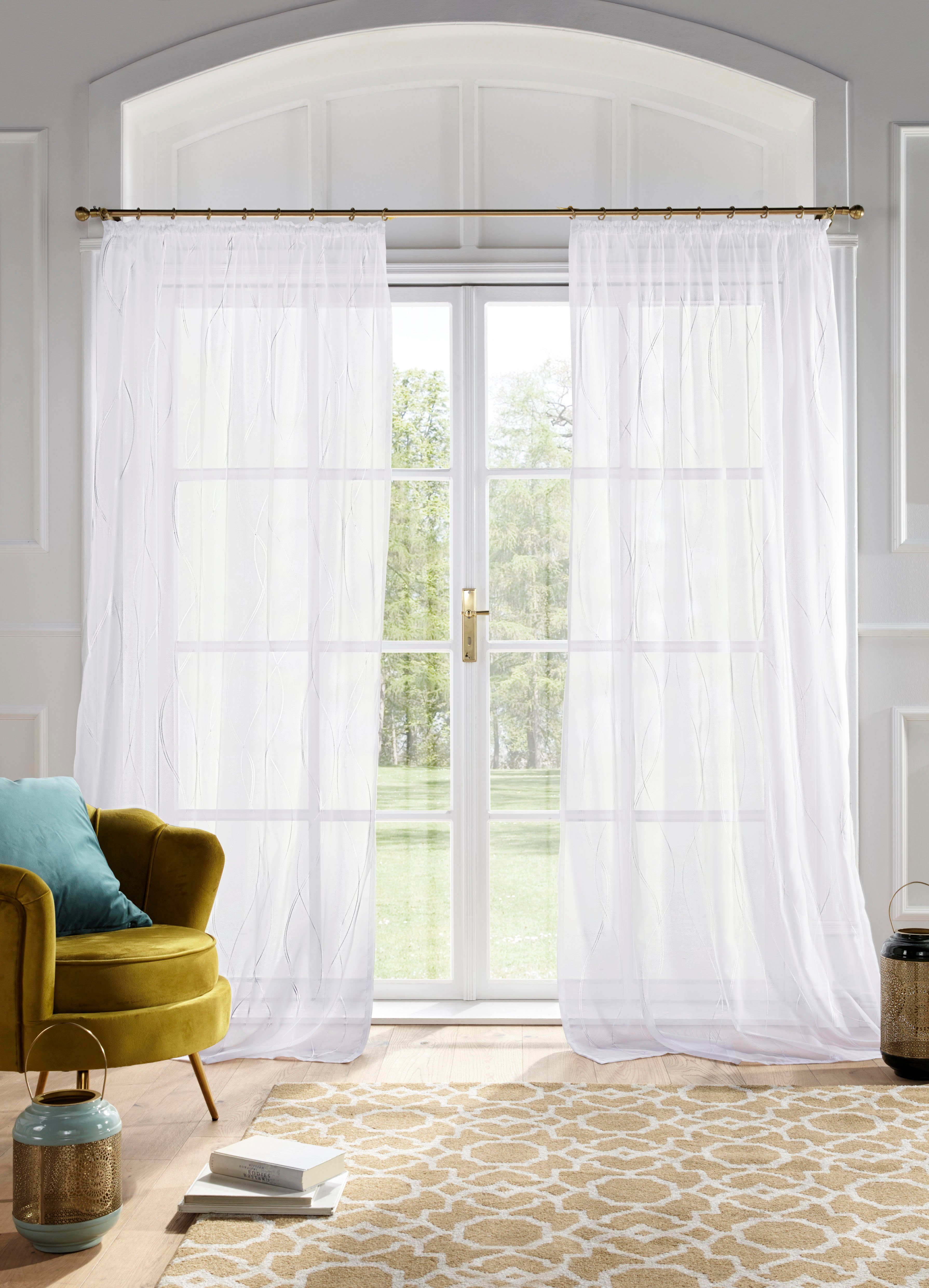 (1 St), einfarbig, Wellenmuster, Mila, Kräuselband Voile, transparent, Voile, democratichome Edition, Kretschmer bestickt Gardine Home&Living, Maria Guido