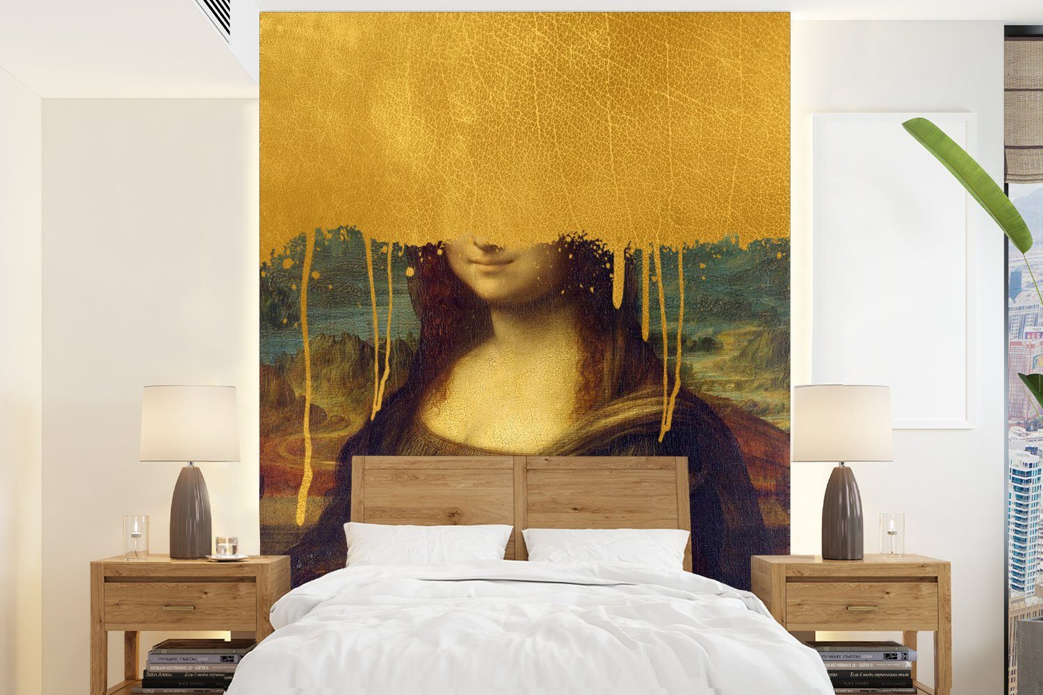 MuchoWow Fototapete Mona Lisa - Gold - Da Vinci, Matt, bedruckt, (4 St), Montagefertig Vinyl Tapete für Wohnzimmer, Wandtapete
