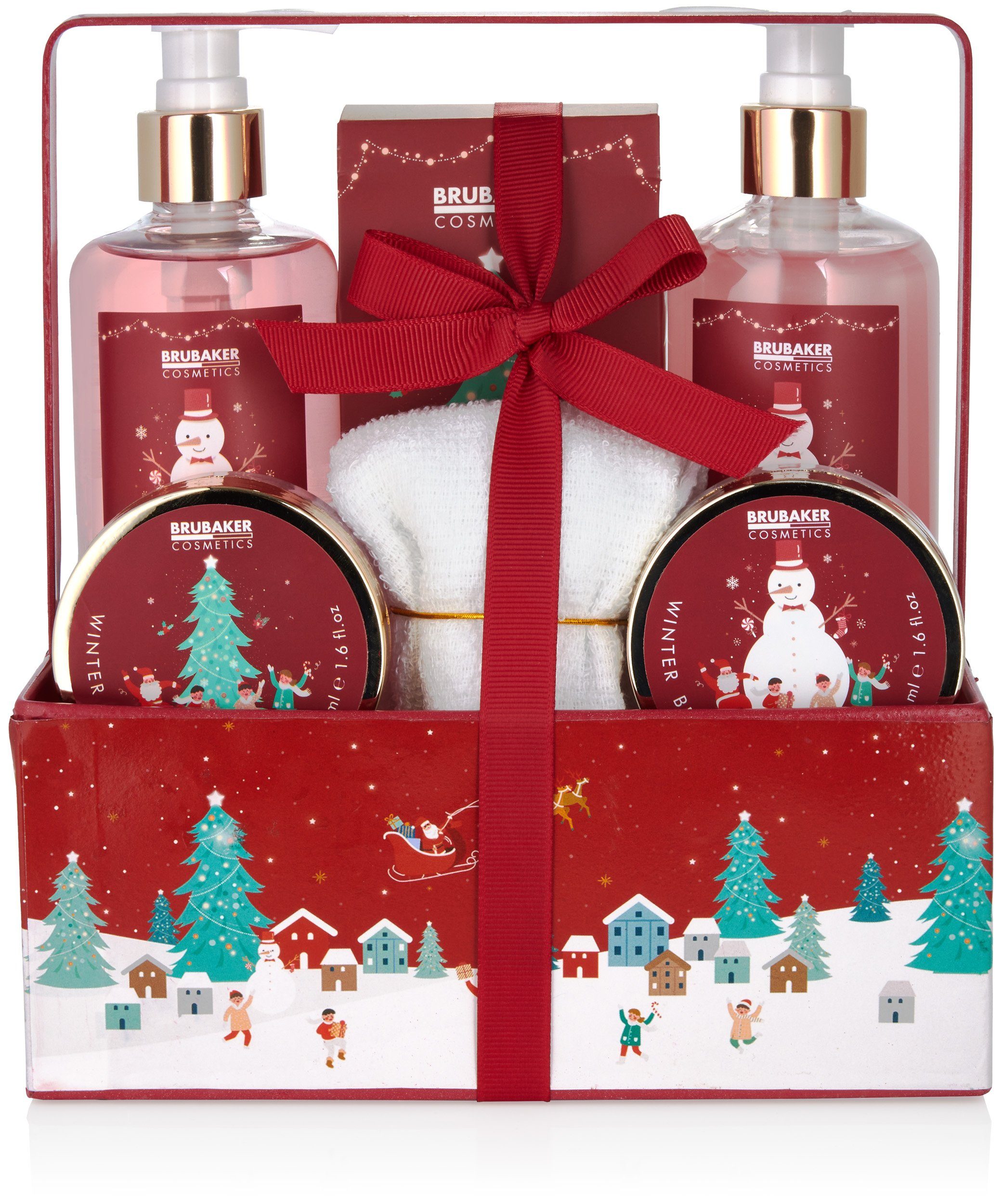 BRUBAKER Pflege-Geschenkset Dusch- und Badeset Weihnachten mit Winter Beeren Duft, 7-tlg., Frauen Geschenkset im weihnachtlichen Pflanzkasten, Damen Pflegeset