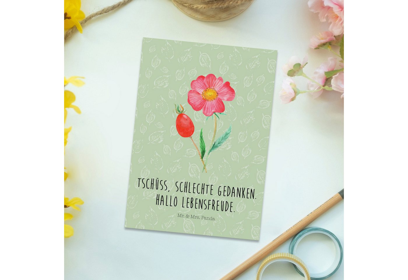 Thumbnail - Mr. & Mrs. Panda Postkarte Blume Hagebutte - Blattgrün - Geschenk, Frühlings Deko, Garten, Leben, Witzige Sprüche
