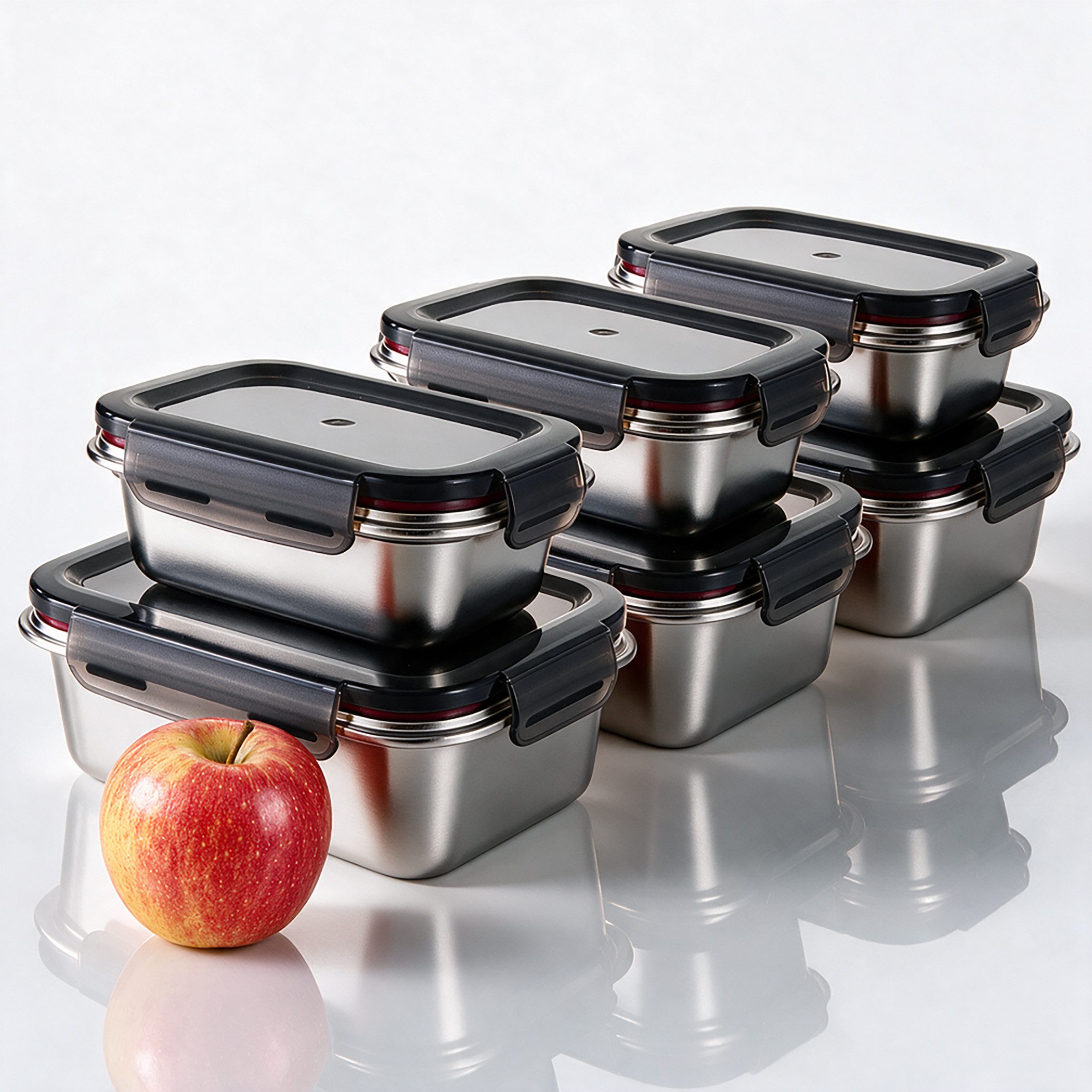 Hausfelder Lunchbox Vorratsdosen Edelstahl 6er Set mit Deckel (3x1300 ml + 3x650 ml), Edelstahl, (6-tlg), transparenter Deckel mit Klick-Verschluss