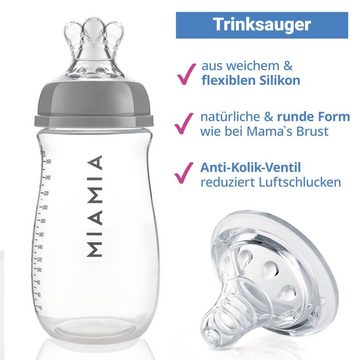 MiaMia Babyflasche PP-Flasche - Grau, 3er Pack Babyflasche 260 ml + Silikon-Trinksauger Größe S