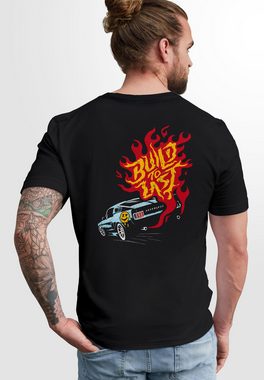 Neverless Print-Shirt Backprint T-Shirt Herren Verbrenner Auto Benzin Flammen Spruch "Build mit Print