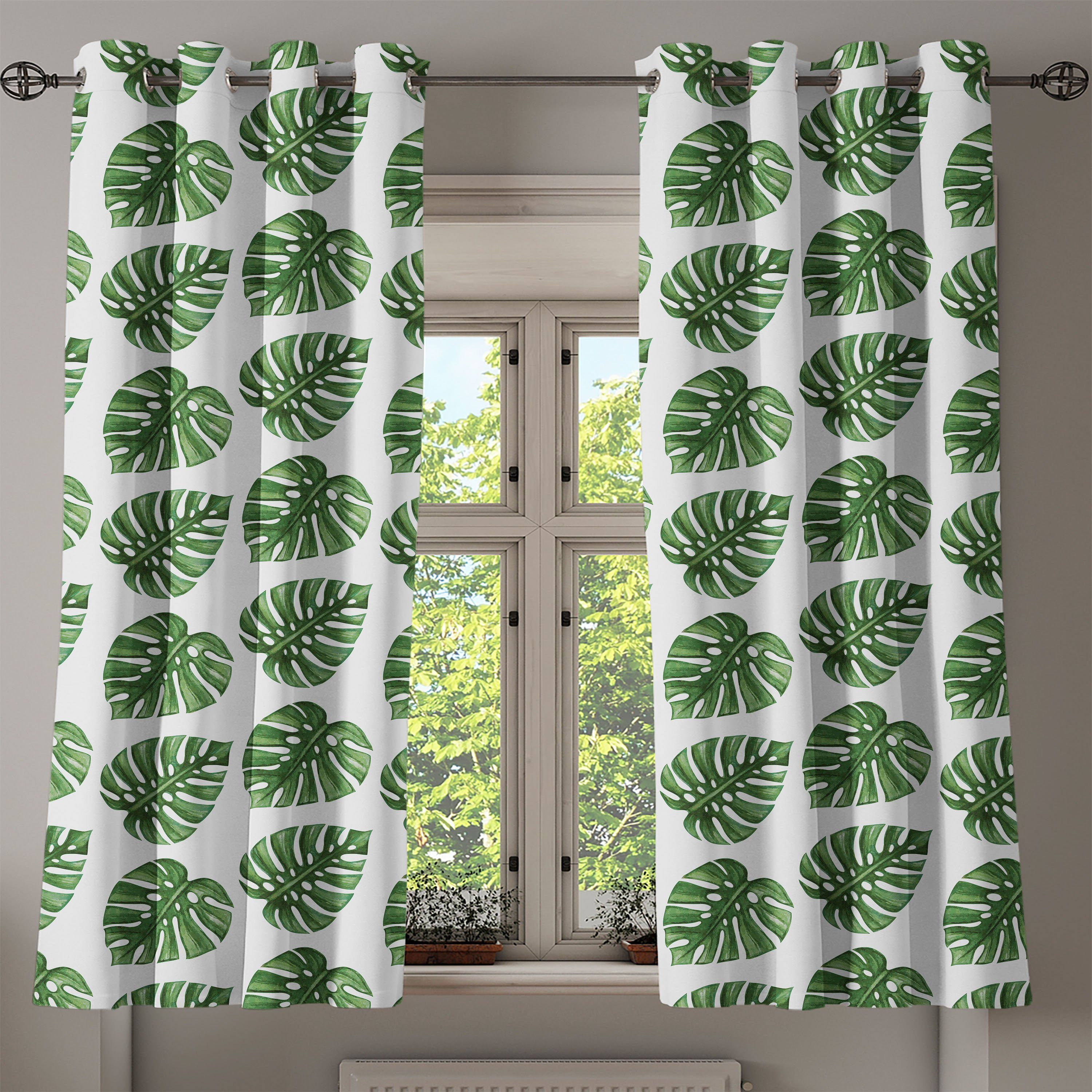 Palmblätter Dekorative Wohnzimmer, Gardine Blatt Schlafzimmer Grünes Natur für 2-Panel-Fenstervorhänge Abakuhaus,