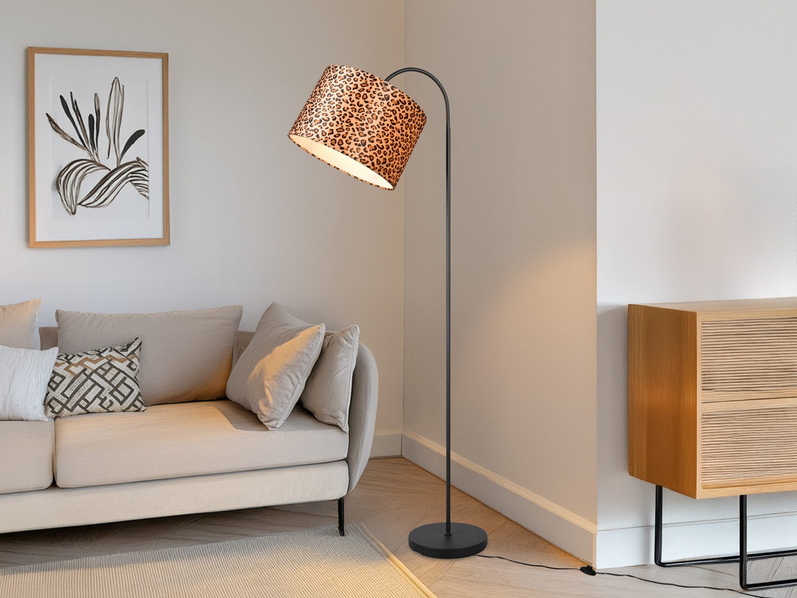 Reality Leuchten LED Stehlampe Stoffschirm Leopardenmuster Höhe 156cm, dimmbar, LED wechselbar, warmweiß, groß-e ausgefallene besondere Wohnzimmer-lampe Ecke st – Bild 2 von 5