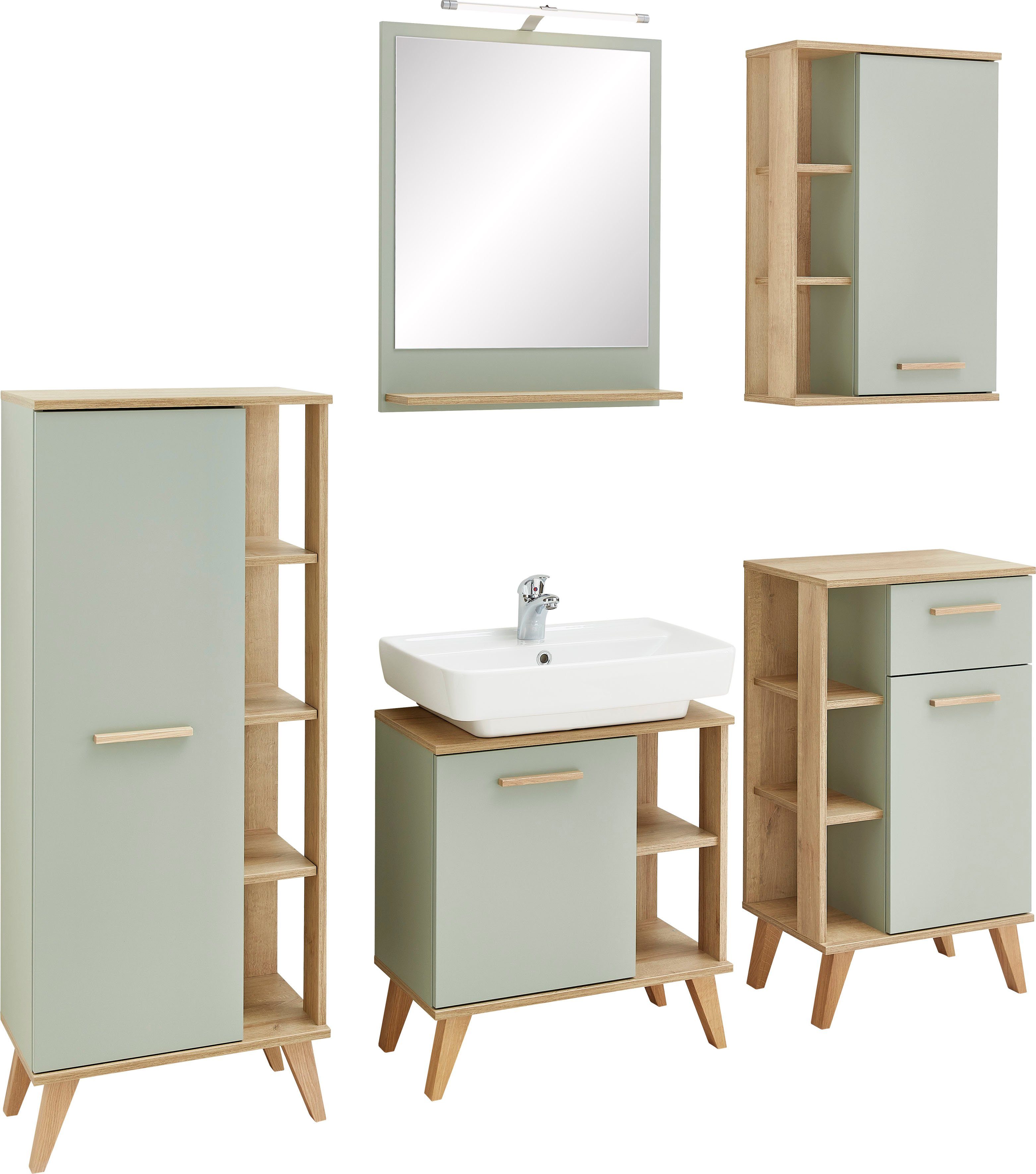 Saphir Badmöbel-Set Quickset 5-teilig, Waschbeckenunterschrank mit LED-Spiegel, (5-St), Unterschrank, Hängeschrank, Midischrank, inkl. Türdämpfer, 4 Türen