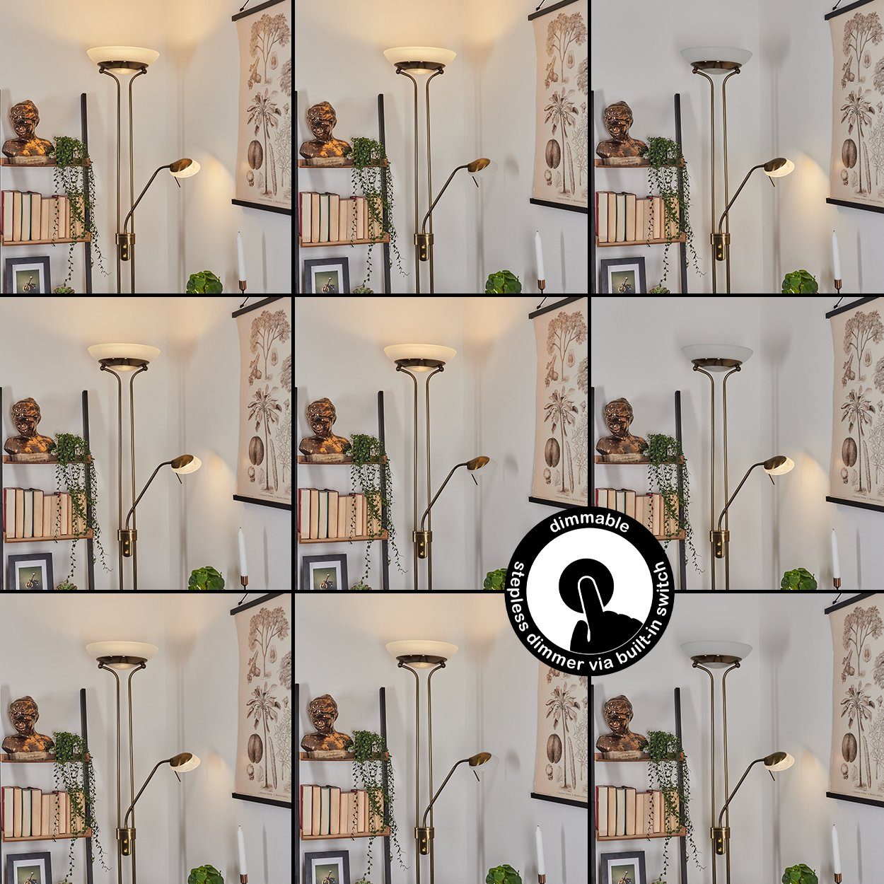 hofstein Deckenfluter »Lainate« moderne Stehleuchte aus Metall in Altmessing, 3000 Kelvin, Standleuchte mit Dimmer u. verstellbarem Lesearm, mit Fußschalter