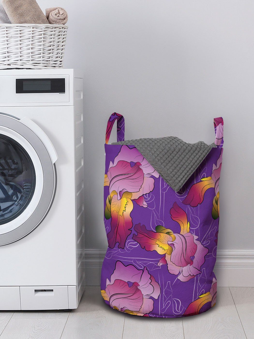 Kordelzugverschluss Waschsalons, Kunst Abstrakt mit Wäschekorb in bunten für Griffen Blumen der Abakuhaus Wäschesäckchen