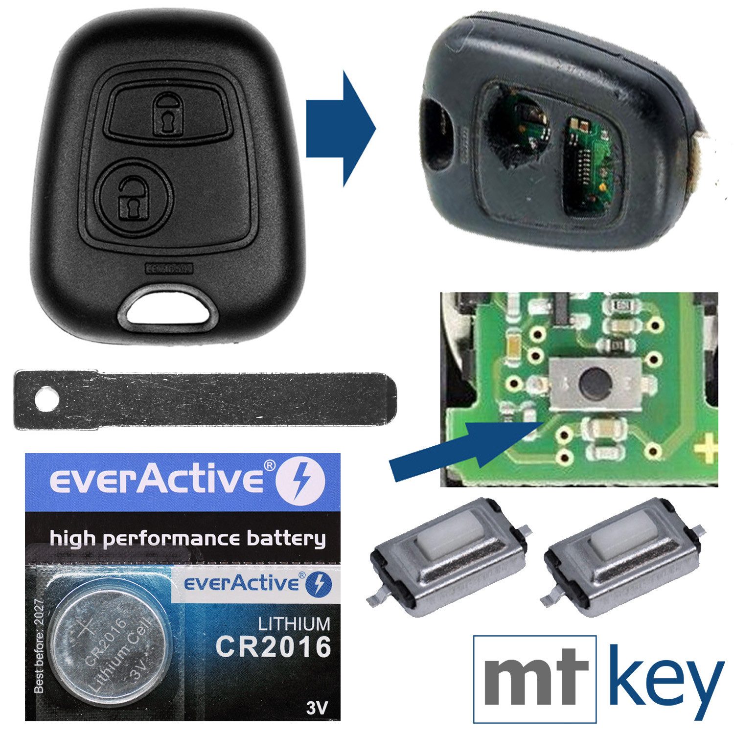 mt-key Auto Schlüssel + 1x Rohling VA2 + 2X Mikrotaster + 1x passende CR2016 Knopfzelle, CR2016 (3 V), für Citroen C1 C2 C3 Peugeot 107 Toyota Aygo Funk Fernbedienung