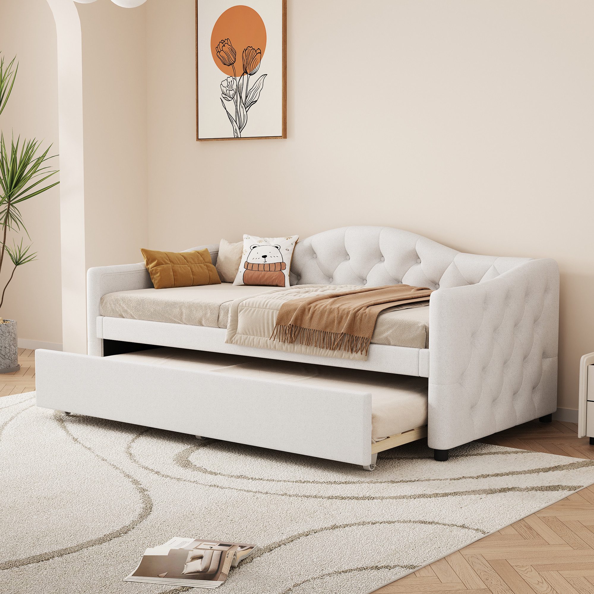 TavilaEcon Schlafsofa Einzelbett, Tagesbett mit ausziehbarem Bett, Ohne Matratze, Leinen, Beige