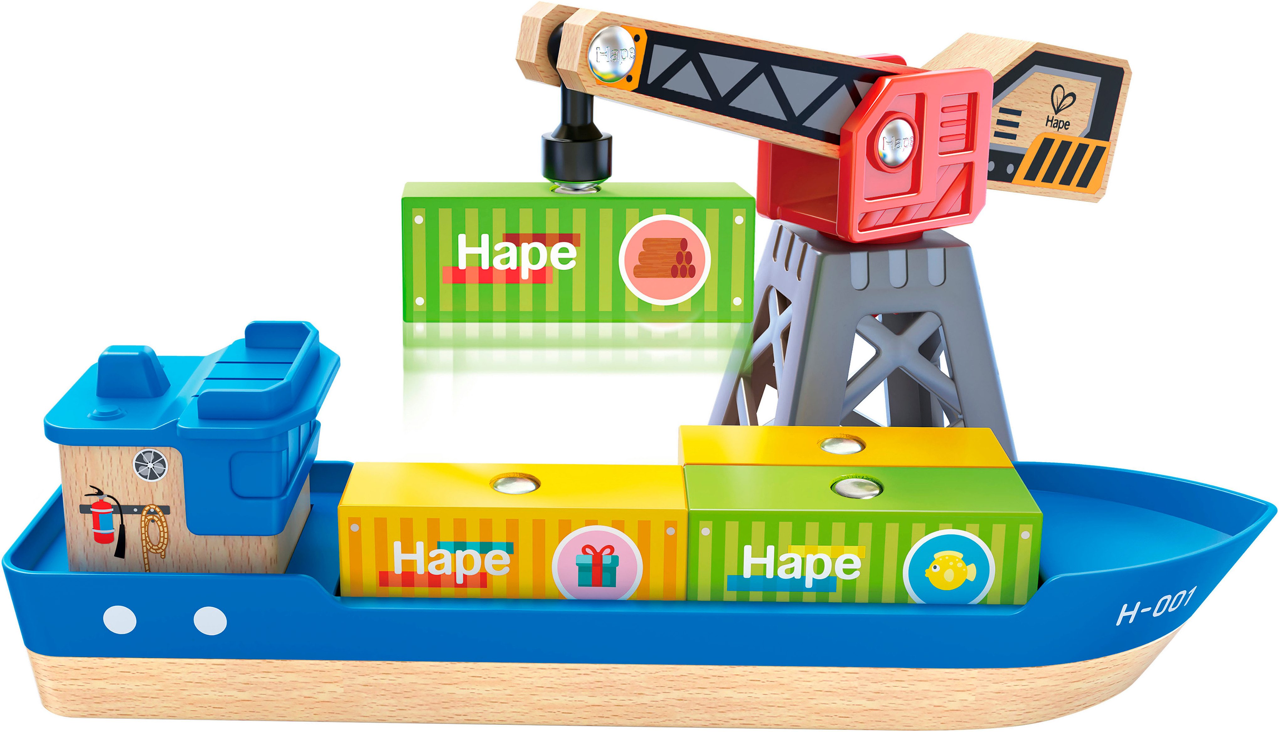 Hape Spielzeug-Schiff Frachtschiff und Hafenkran