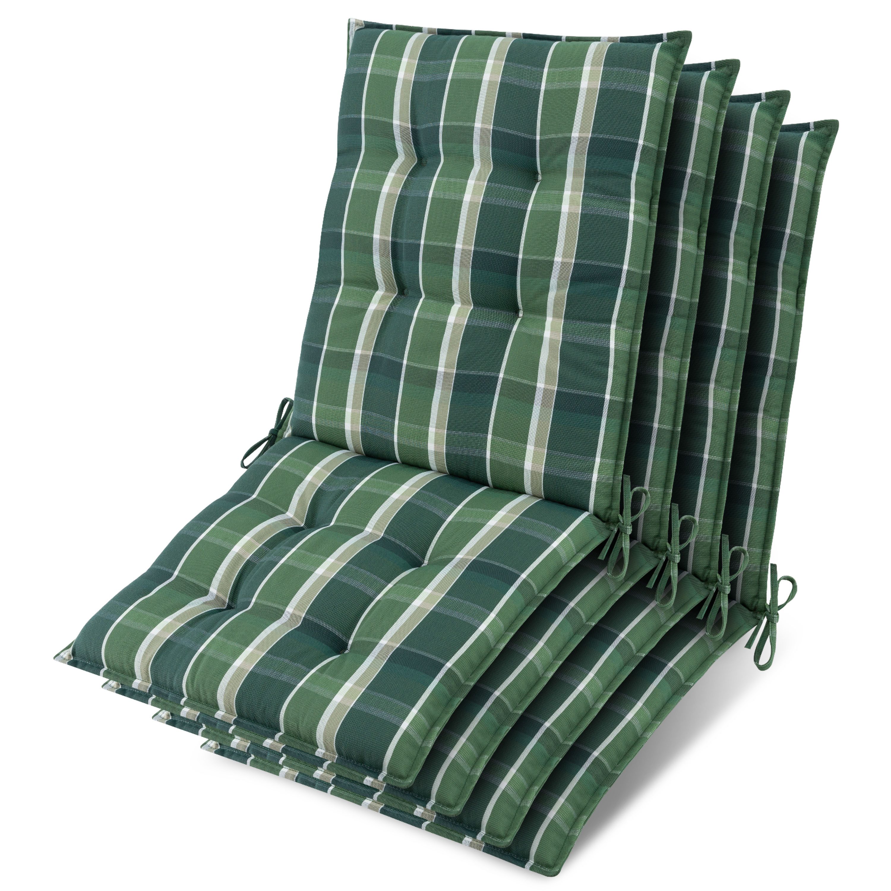 Beautissu Sitzauflage 4er Set Niedriglehner Auflage Sun-NL 100x50x8cm Grün-Kariert, 8cm Dicke Gartenstuhlauflage mit Befestigung UV-Lichtechtheit 5