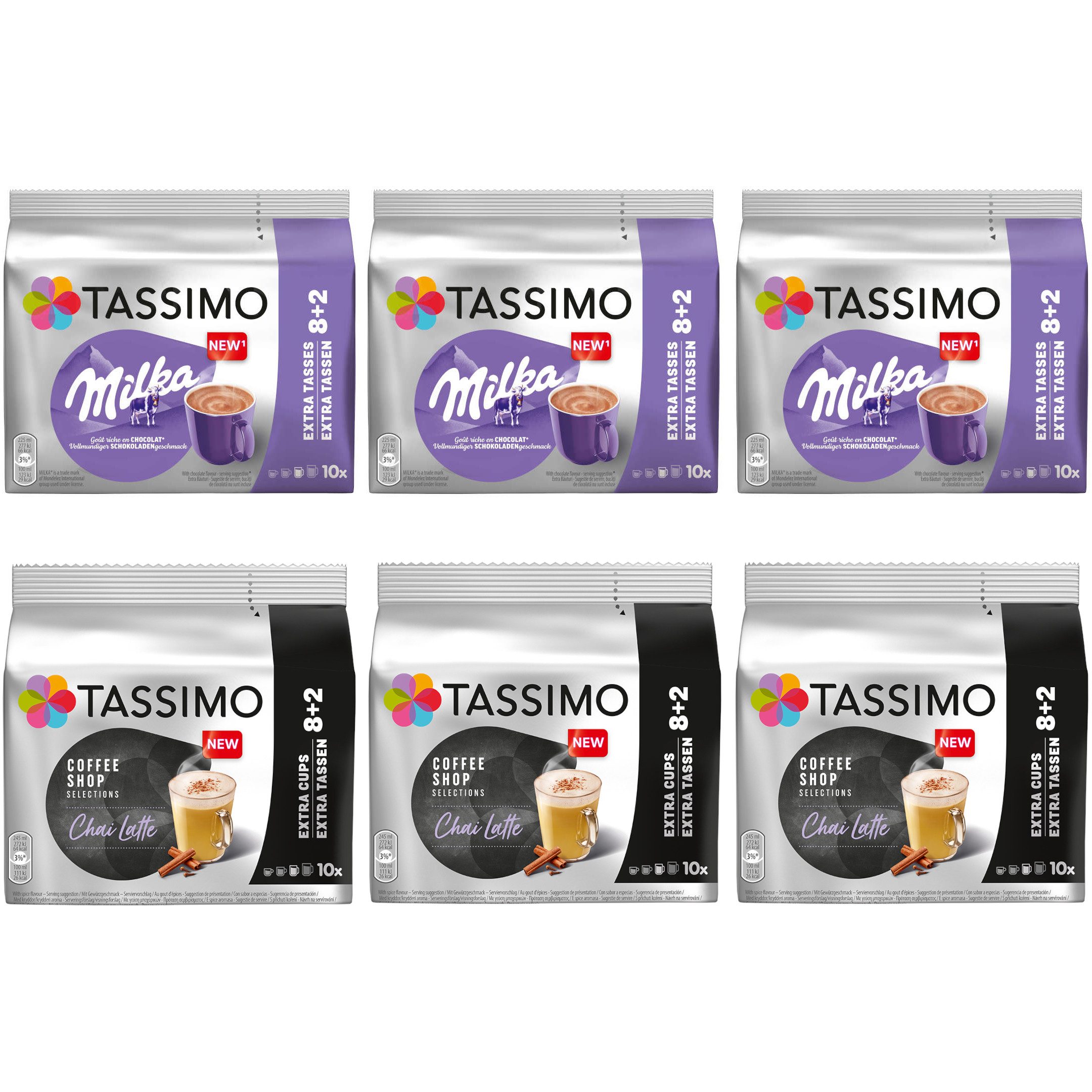 TASSIMO Kaffee Kapseln Choco-Chai-Paket je 3 Packungen Milka & Chai Latte 60 Getränke, (Packung, 6er Pack), Abwechslungsreicher Genuss für zu Hause