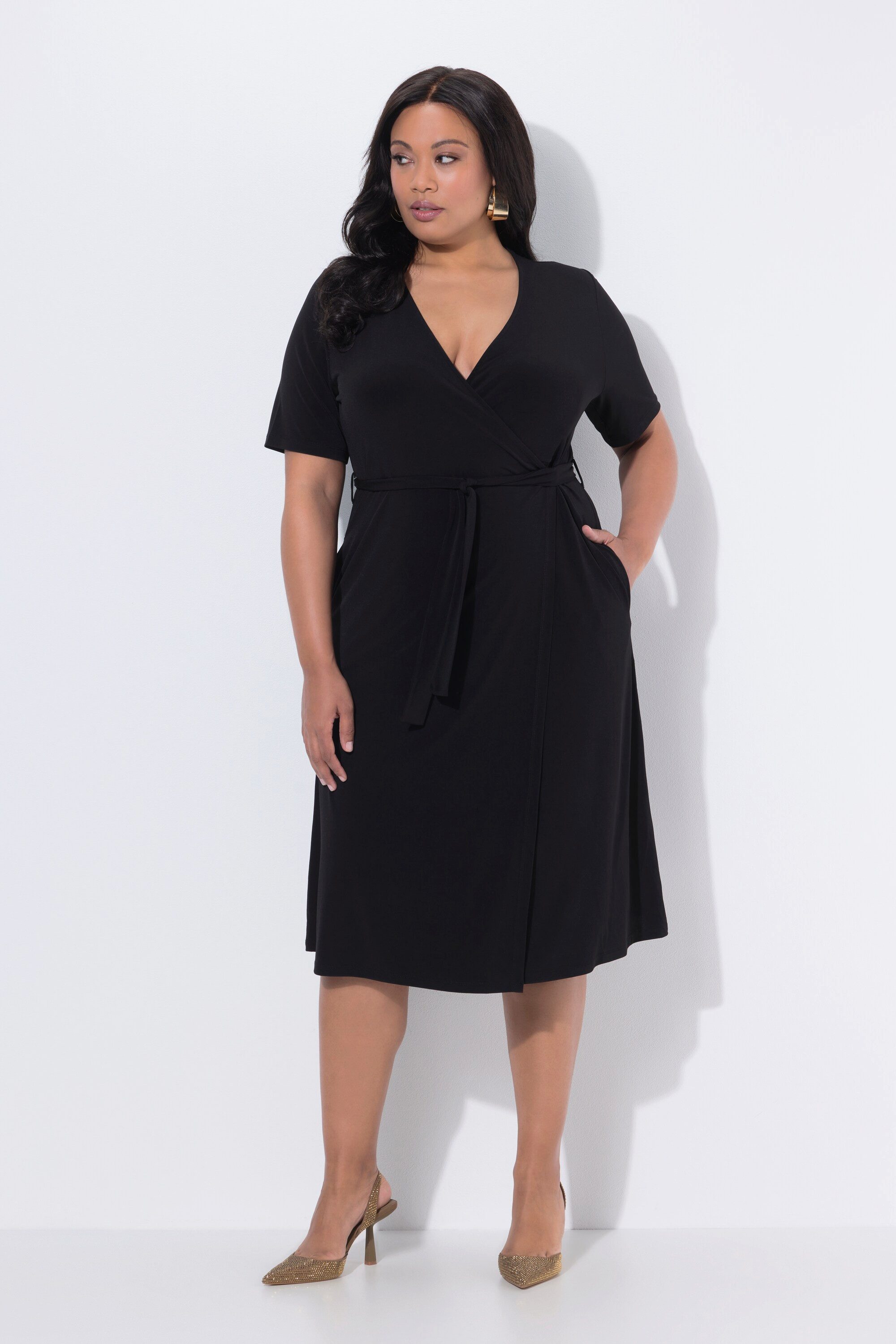 Ulla Popken Maxikleid Midi-Wickelkleid A-Linie V-Ausschnitt Halbarm günstig online kaufen