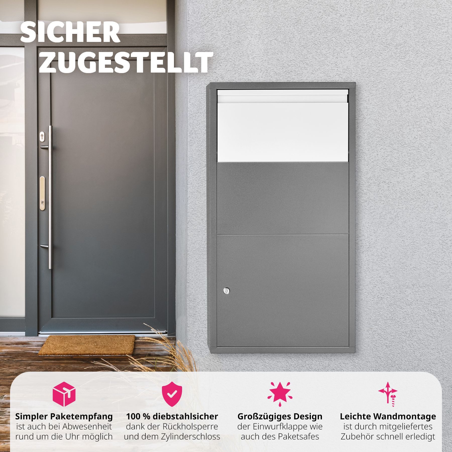 tectake Wandbriefkasten Postbox mit integrierter Rückholsperre, Paketmaße bis 39 x 30 x 12 (Briefkasten Fortress, in anthrazit), Zylinderschloss mit 2 Schlüsseln, zur Wandmontage, aus Stahl