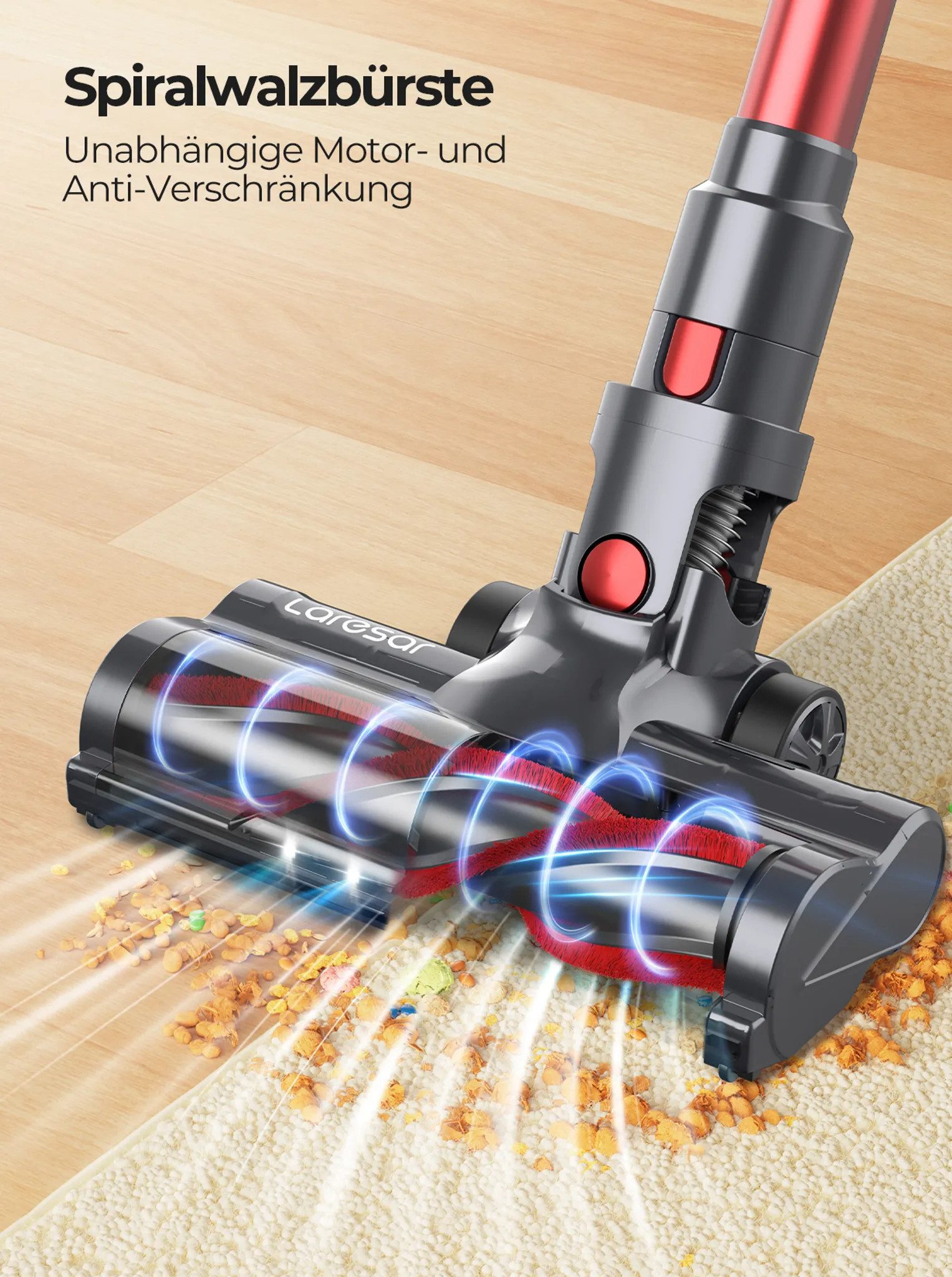 Laresar Stielstaubsauger V8 48000PA 500W Akku-Staubsauger kabellos Handstaubsauger, 500 W, 180.000 U/min, 60 Minuten Laufzeit, Filtert 99,9 % Feinstaub
