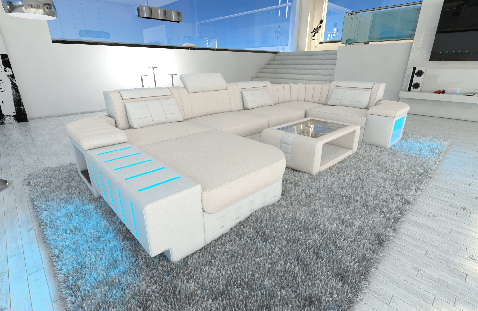 Sofa Dreams Wohnlandschaft Polster Stoffsofa Bellagio U Form Stoff Sofa Couch, mit LED, wahlweise mit Bettfunktion als Schlafsofa, Designersofa C86 Elfenbein-Weiss