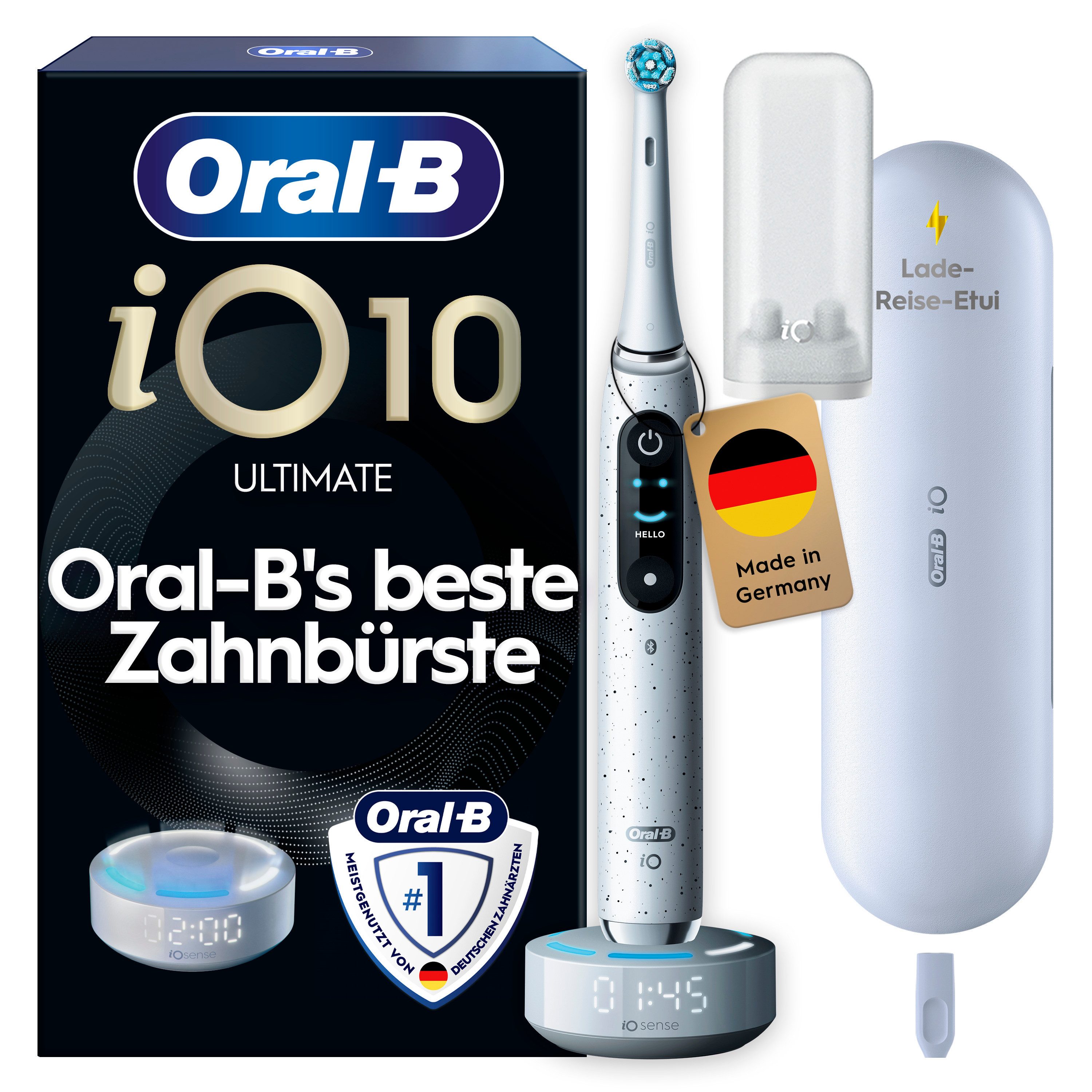 Oral-B Elektrische Zahnbürste Oral-B iO Series 10, Aufsteckbürsten: 1 St., 1 Aufsteckbürste, Aufsteckbürstenhalter, Lade-Reise-Etui, iO Sense Zahnputz-Coach, Schnellladestation, Langanhaltender Akku