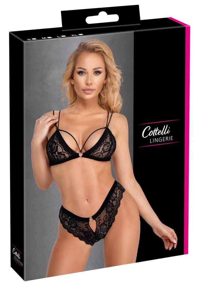 Cottelli Collection Set: Bügelloser BH Dessous-Set: BH und High Waist Slip mit Perlen - schwarz (2-tlg) aus transparenter Spitze
