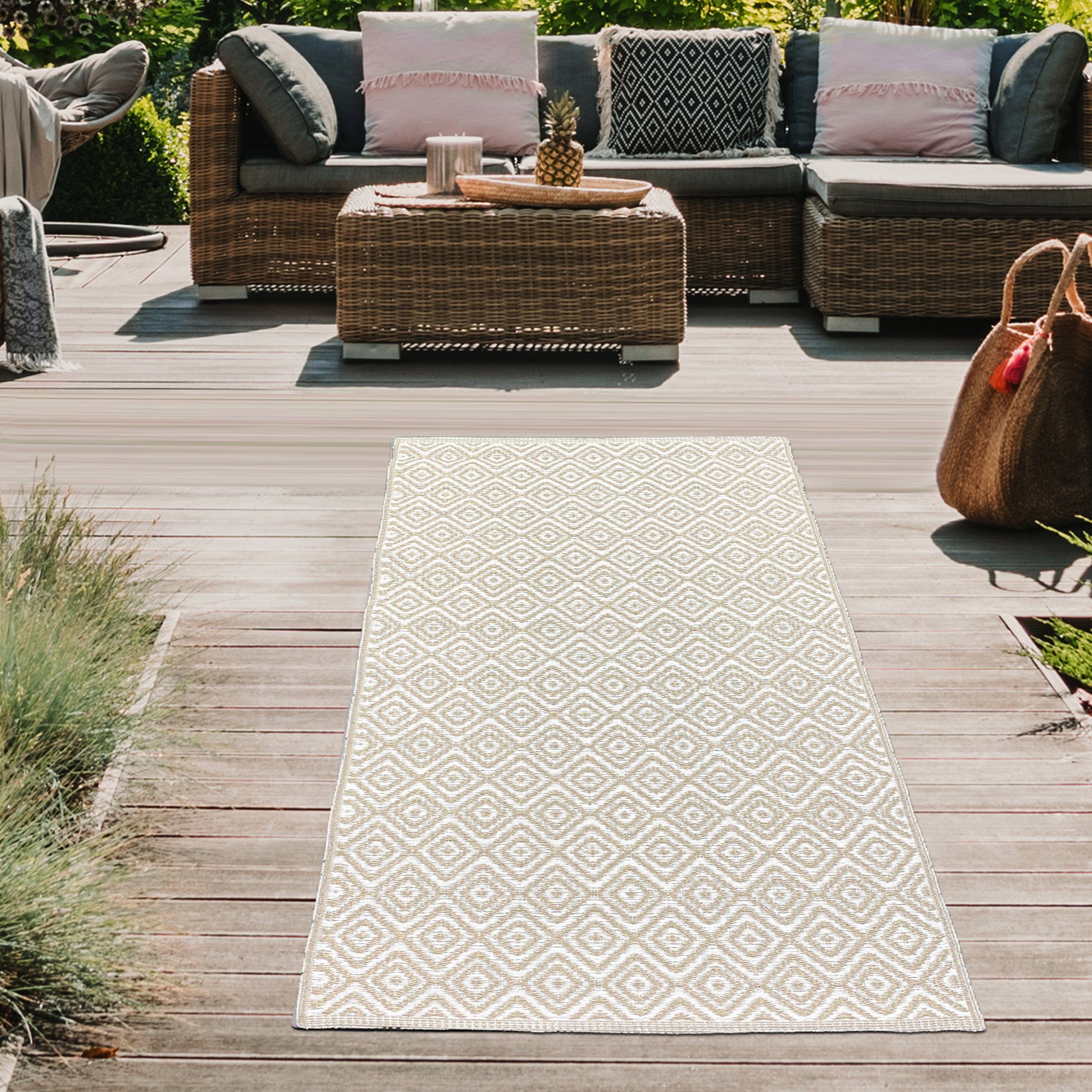 Outdoorteppich Kunststoff Outdoor-Teppich mit Rautenmuster in beige, Teppich-Traum,  rechteckig | Kurzflor-Teppiche