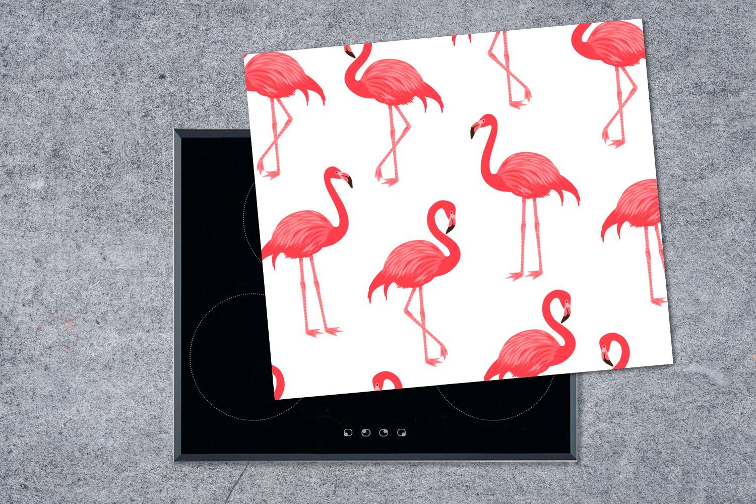 nutzbar, Flamingo cm, MuchoWow 60x52 (1 Mobile - Vogel, Muster Ceranfeldabdeckung Vinyl, Arbeitsfläche - Herdblende-/Abdeckplatte tlg),
