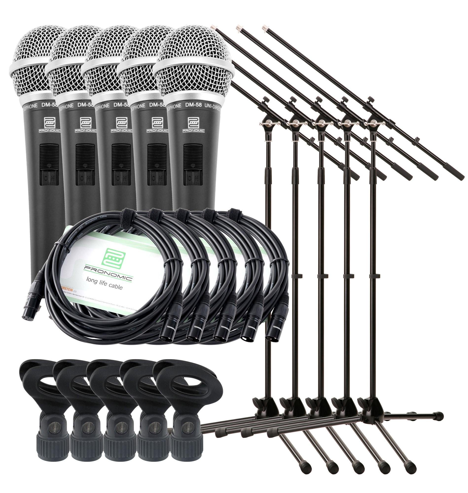 Pronomic Mikrofon DM-58 Dynamisches Gesangs Mikrofon mit Schalter (inkl. 5er Mikrofonstativ, Mikroklemme und 5m XLR-Kabel, 15-tlg), Richtcharakteristik: Superniere