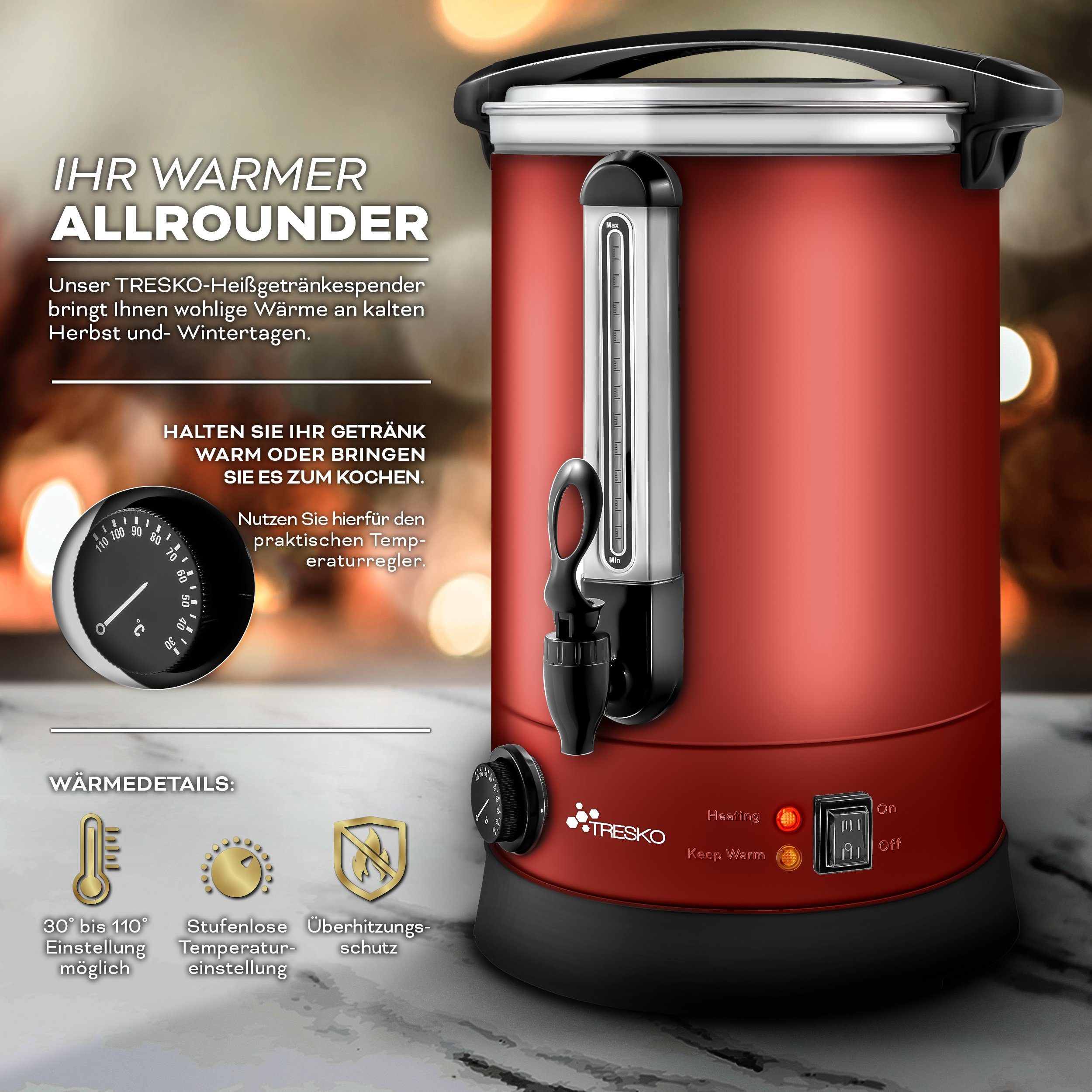 TRESKO Heißgetränke- und Glühweinautomat Glühweinkocher Einkochautomat aus Edelstahl Glühweinkessel