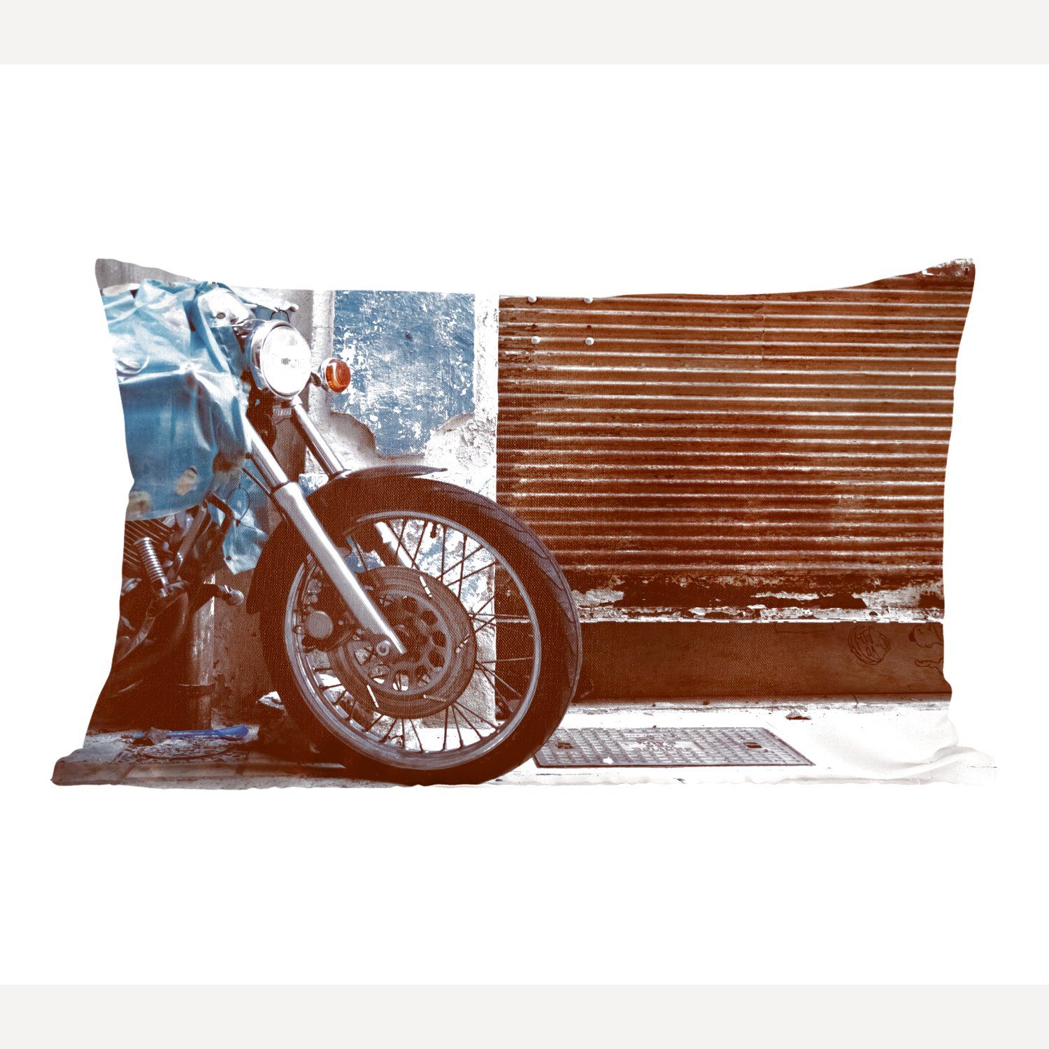MuchoWow Dekokissen Ein geparktes Motorrad mit einem rostigen Garagentor, Wohzimmer Dekoration, Zierkissen, Dekokissen mit Füllung, Schlafzimmer