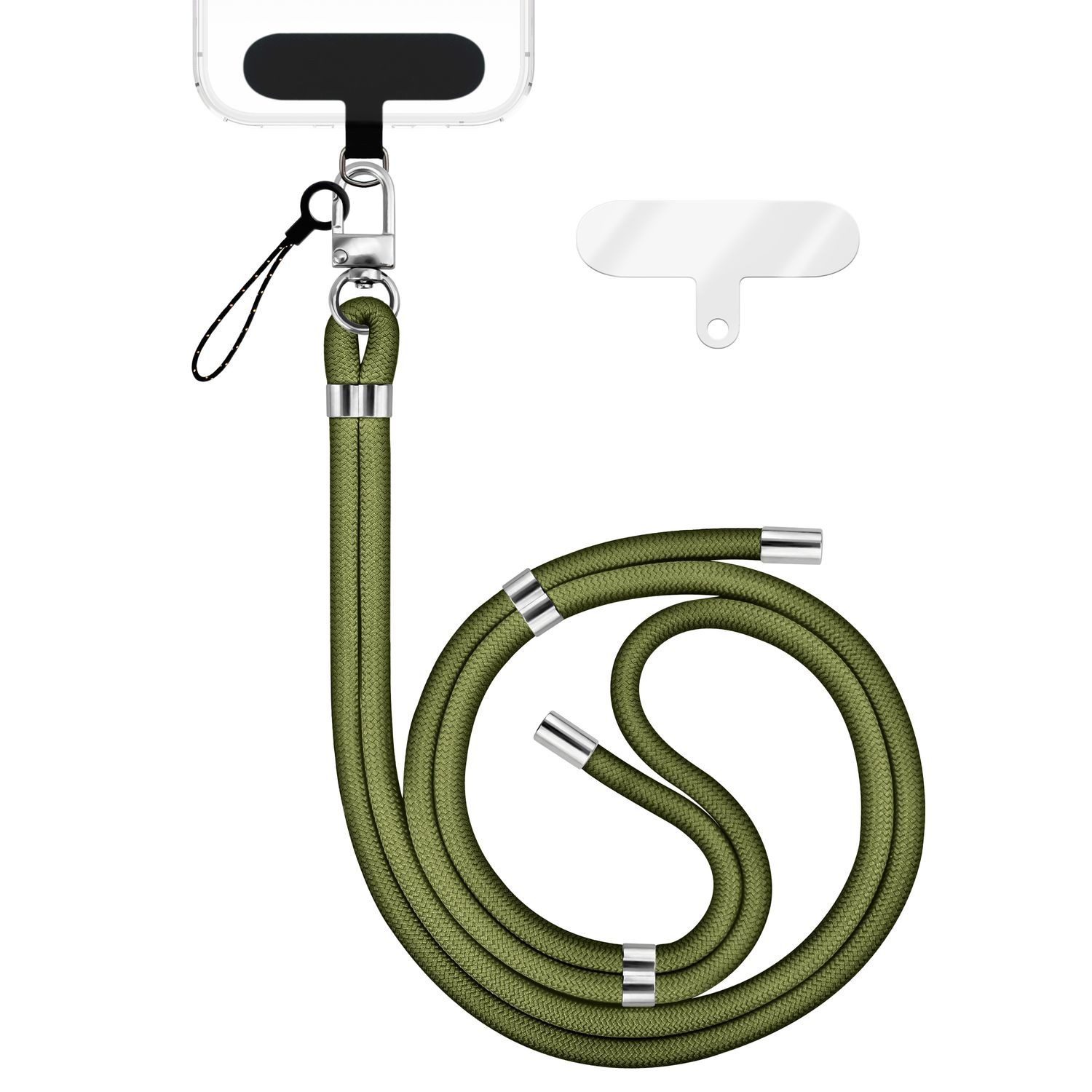 Nalia Handykette Universal Smartphone, Nylon Handyband / Karabiner Silber & 2 Pads / 35-75cm Tragelänge