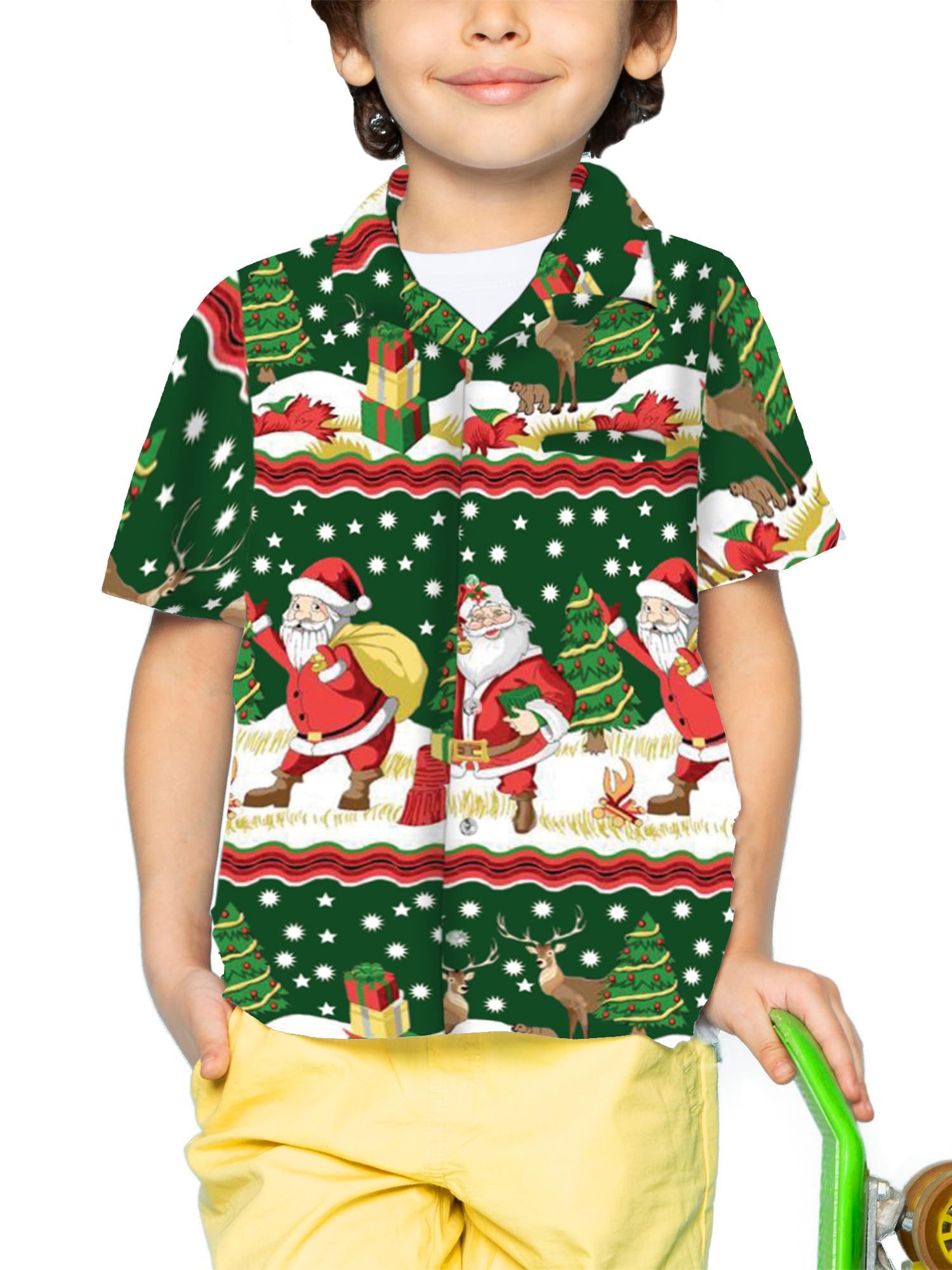King Kameha Hawaiihemd Christmas Border Print Kids Hawaii-Hemd Kinder Kurzarm Front-Tasche