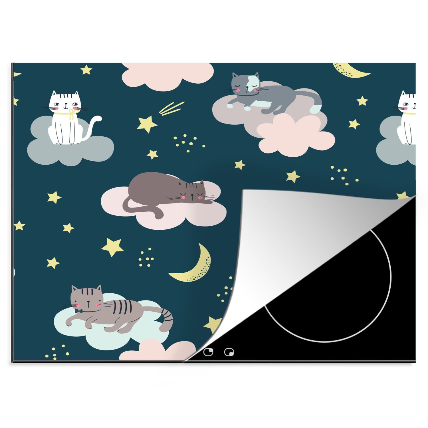 MuchoWow Herdblende-/Abdeckplatte Muster - Katze - Mond - Jungen - Mädchen - Kinder - Kind, Vinyl, (1 tlg), 60x52 cm, Mobile Arbeitsfläche nutzbar, Ceranfeldabdeckung
