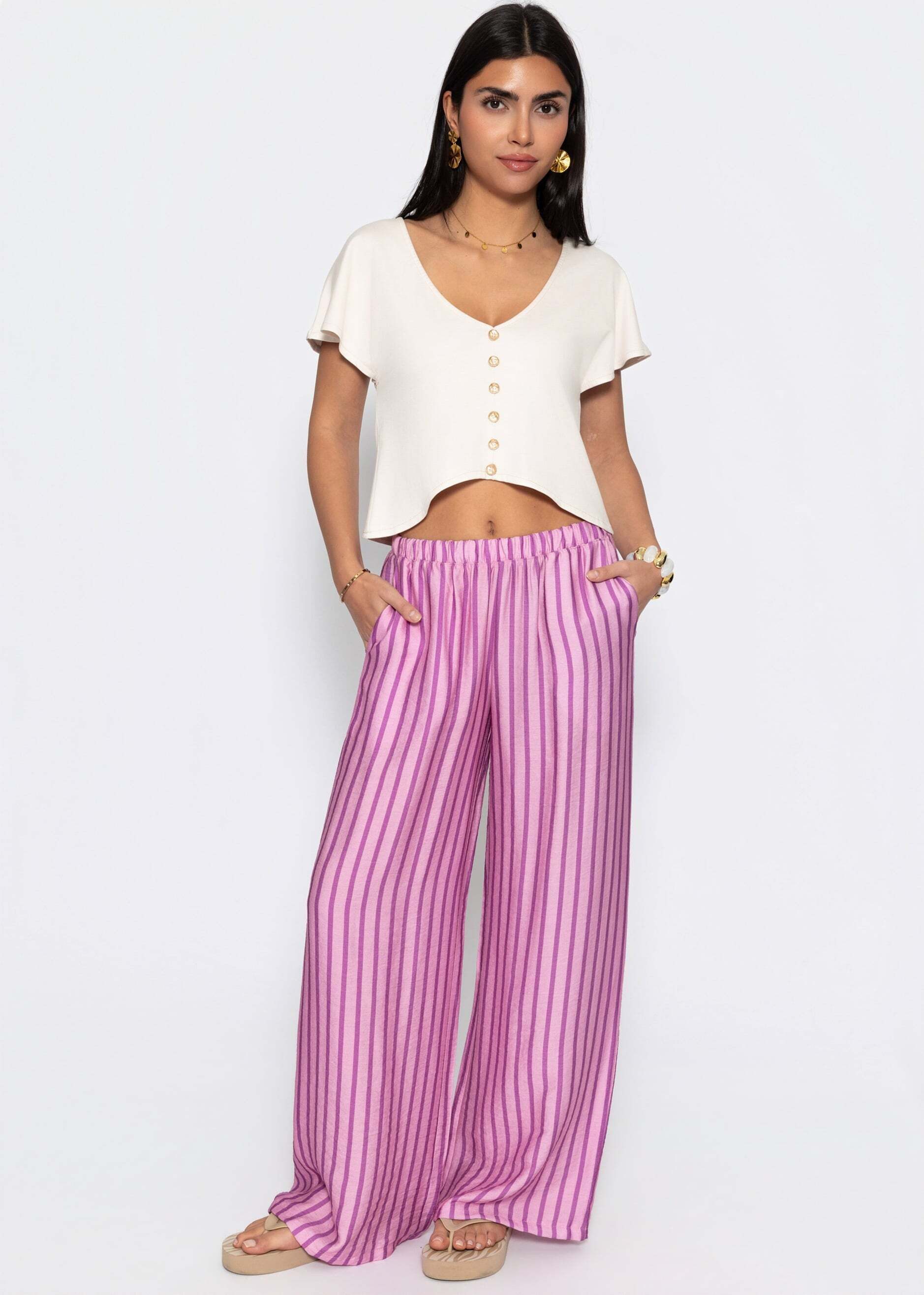 SASSYCLASSY Stoffhose Gestreifte Hose für Damen Weit geschnittene Stoffhose mit elastischem Bund und Eingriffstaschen