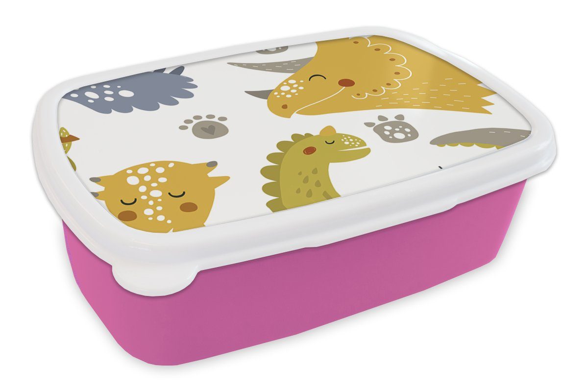 MuchoWow Lunchbox Dinosaurier - Schnittmuster - Jungen - Dino - Kinder, Kunststoff, (2-tlg), Brotbox für Erwachsene, Brotdose Kinder, Snackbox, Mädchen, Kunststoff rosa
