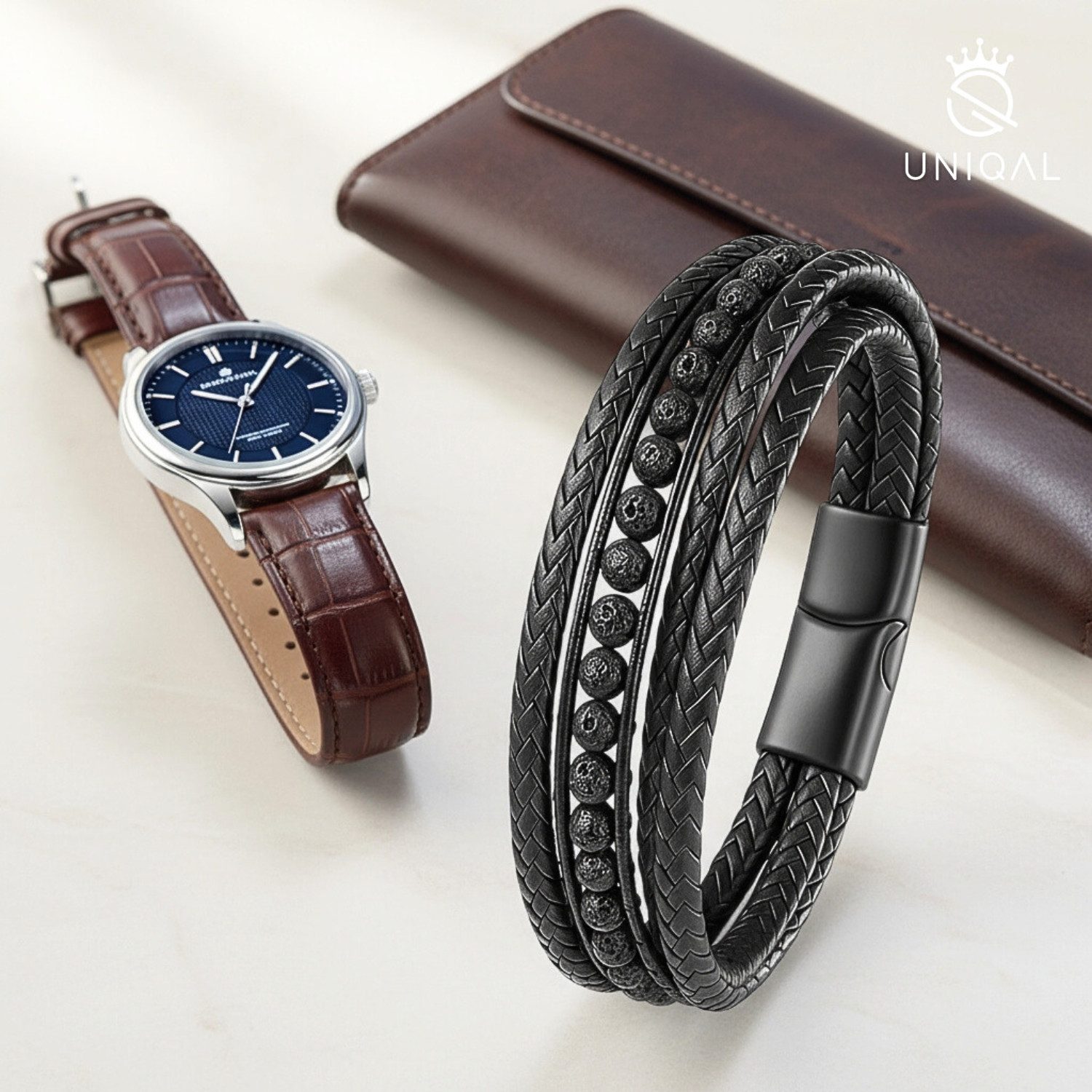 UNIQAL.de Lederarmband DELUXE – elegantes Unisex Natursteinarmband aus Echtleder (geflochten mit Magnetverschluss & Verlängerungsglied, edel, handgefertigt, hochwertig & perfekt als Geschenk), – deutsche Marke, registrierter Händler