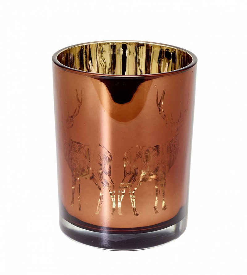 EDZARD Windlicht Dian, Teelichthalter aus Glas mit Hirsch-Design, Kerzenglas für Teelichter und Maxi-Teelichter, Innenseite mit Gold-Optik, Höhe 12,5 cm, Ø 10 cm