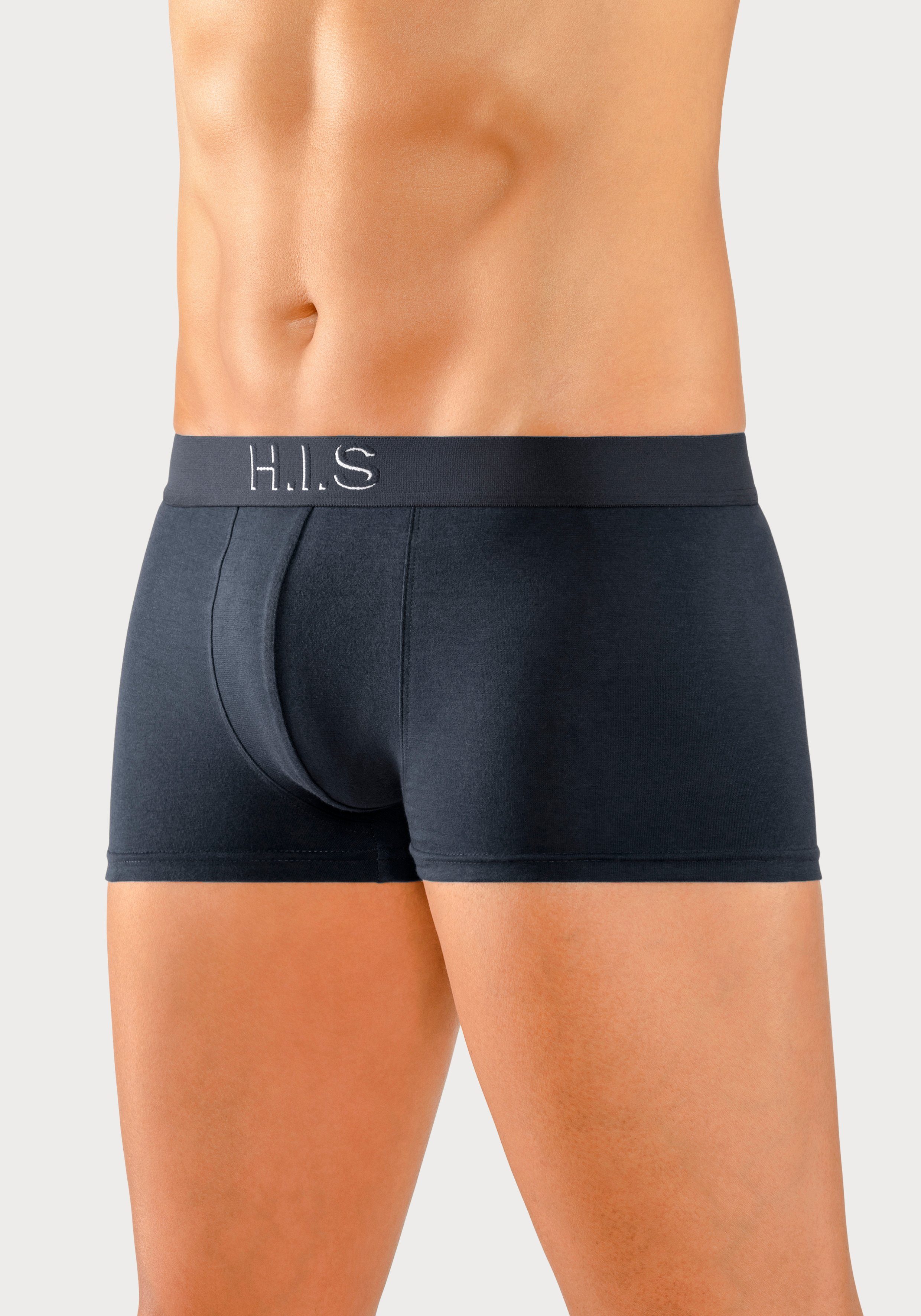 H.I.S Boxershorts (Packung, 5-St) navy Webbund in bordeaux, petrol, schwarz, mit Effekt olivgrün, Hipster-Form Logoschriftzug 3D am mit