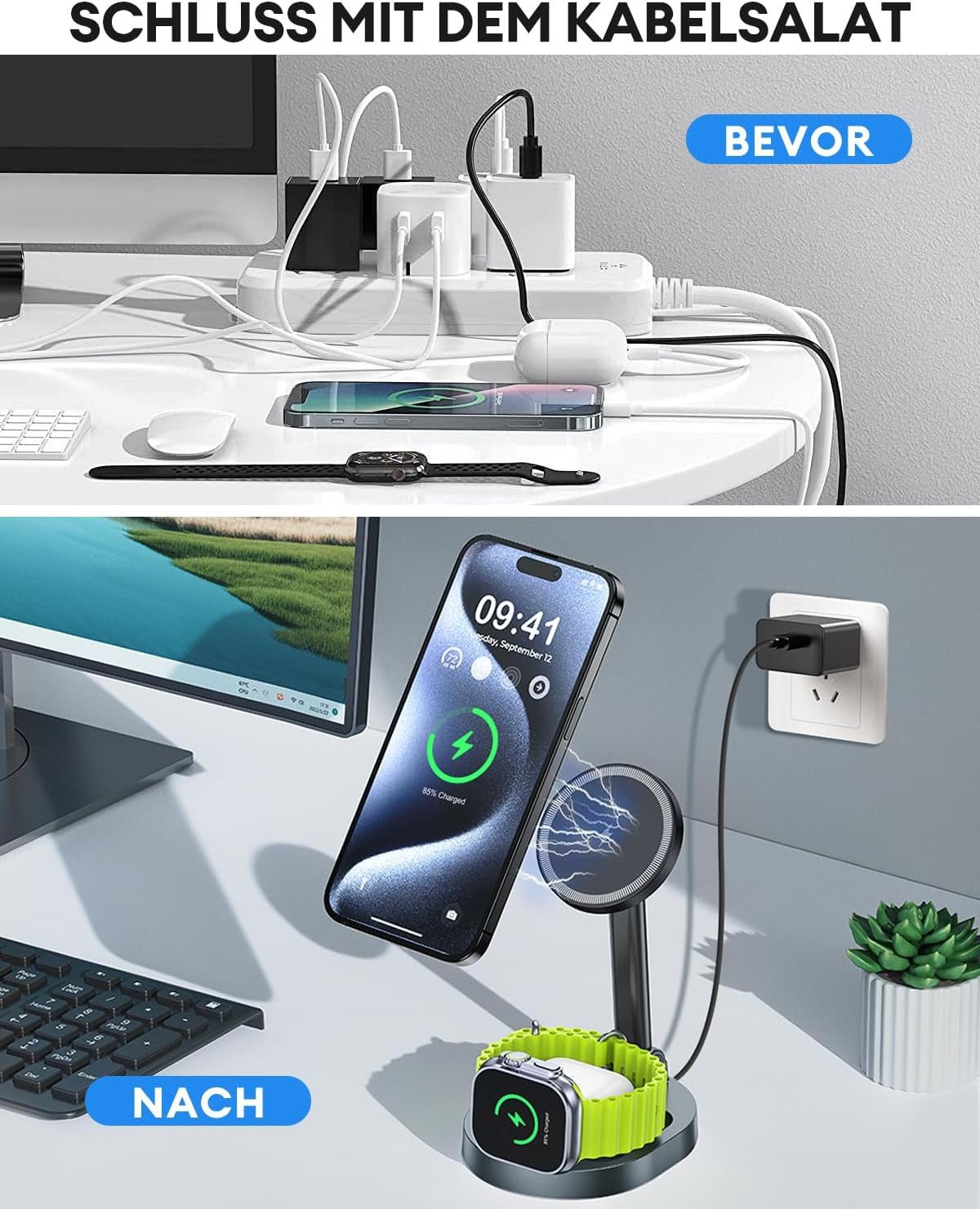 LA CUTE 3-in-1 kabellose Ladestation mit MagSafe für Apple Wireless Charger (2000,00 mA, 3-in-1 kabellose Ladestation mit Schnellladefunktion, 3-in-1 Ladestation mit 20W Adapter für Apple-Geräte, Kabellos, klappbar, schnelles Laden, MagSafe-kompatibel)