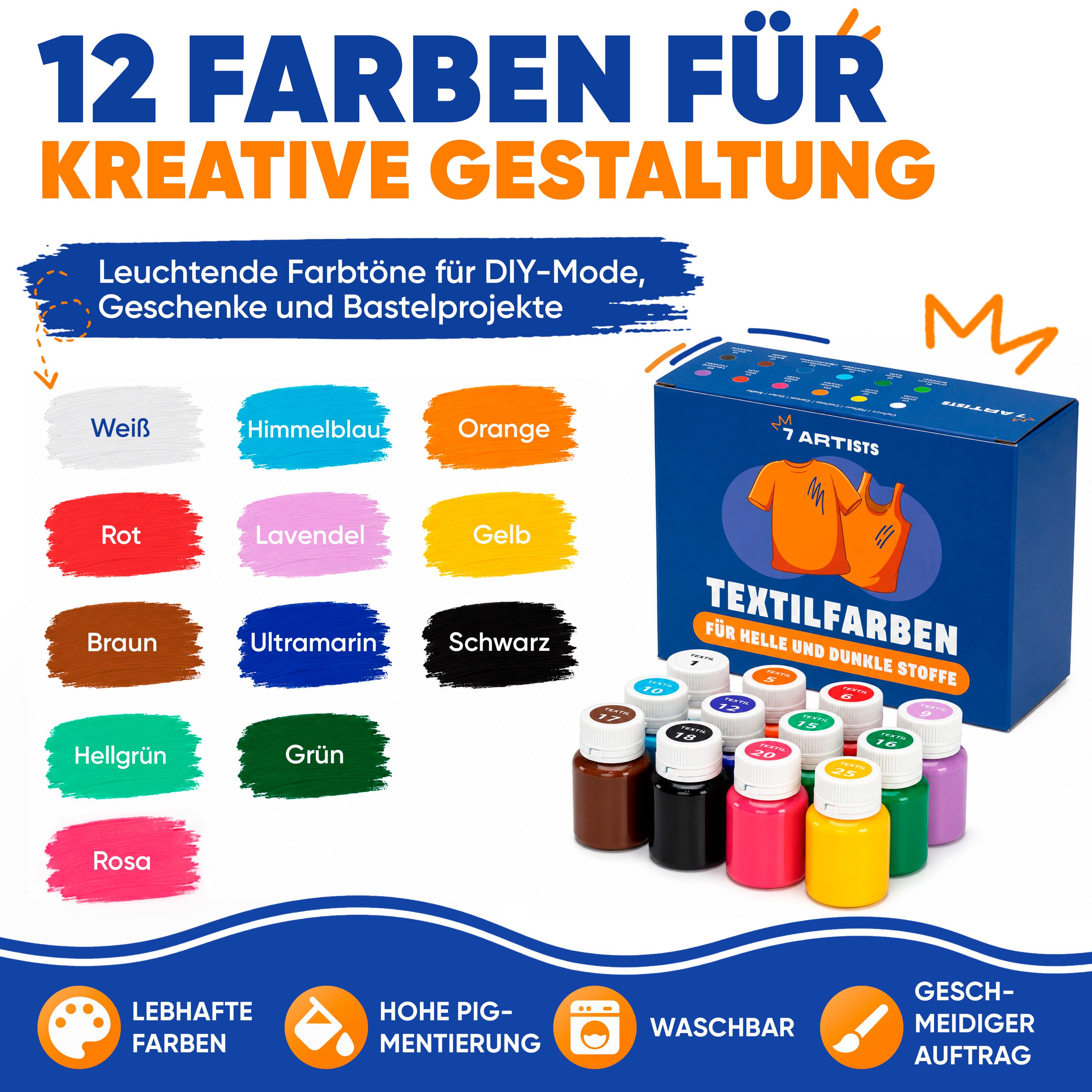 7 Artists Textilfarbe Textilfarbe Waschmaschinenfest Set - Stoffmalfarben Waschfest, für helle und dunkle Textilien