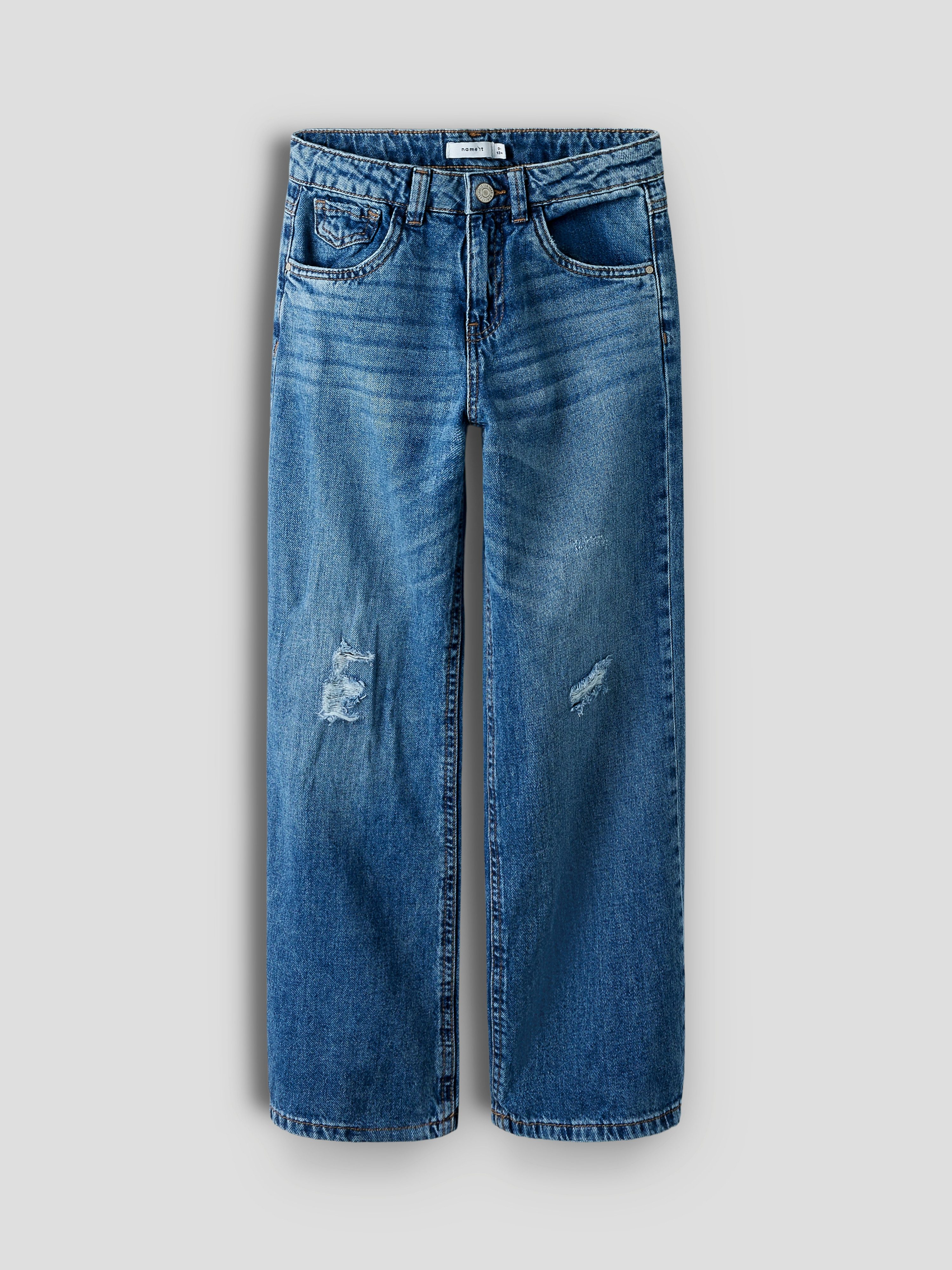 Name It 5-Pocket-Jeans NKFROSE für Mädchen mit Destroyed-Effekt und hohem Bund normal, Denim, Abriebeffekte, Reißverschluss