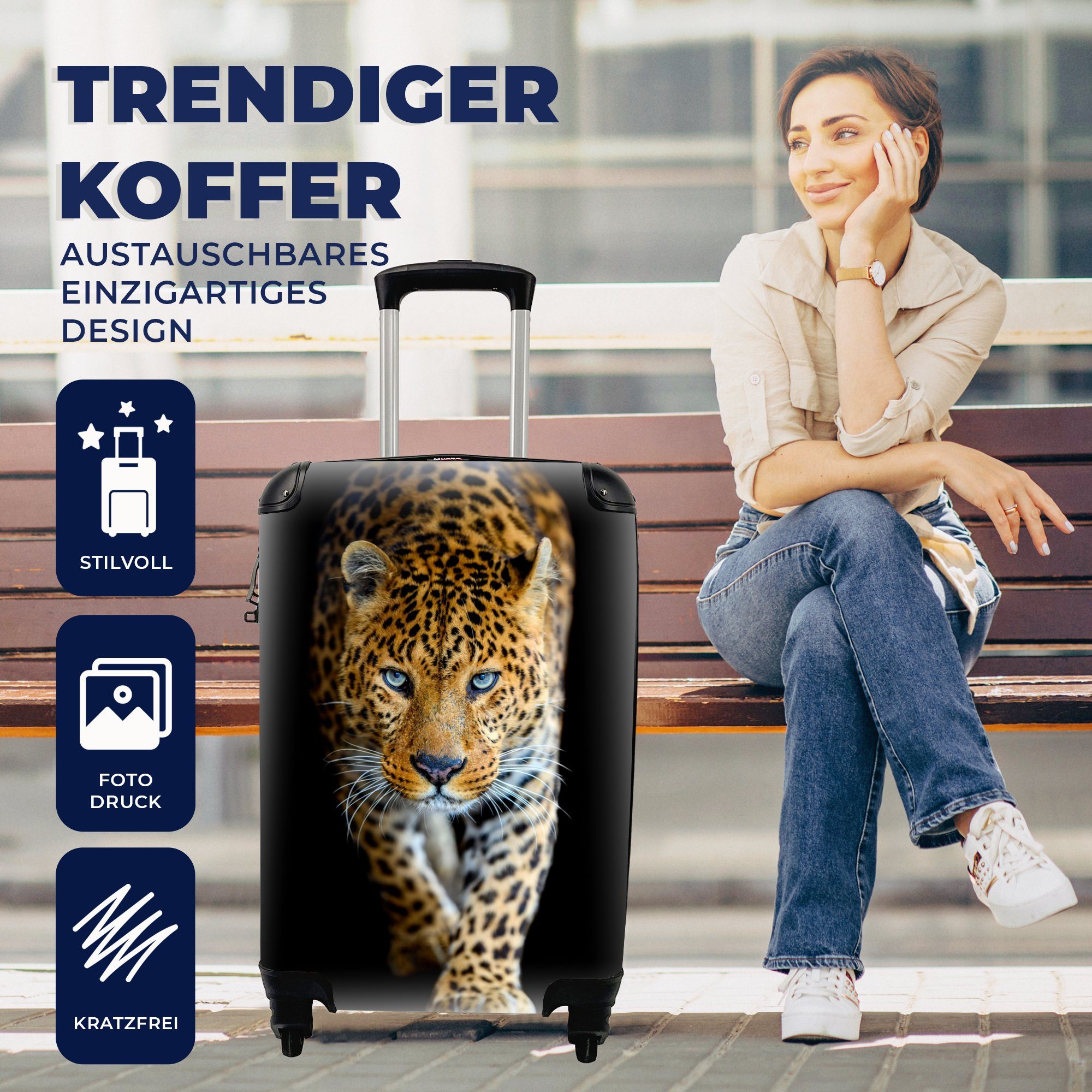 MuchoWow Handgepäckkoffer Leopard - Tiere - Porträt - Wildtiere - Schwarz, 4 Rollen, Reisetasche mit rollen, Handgepäck für Ferien, Trolley, Reisekoffer