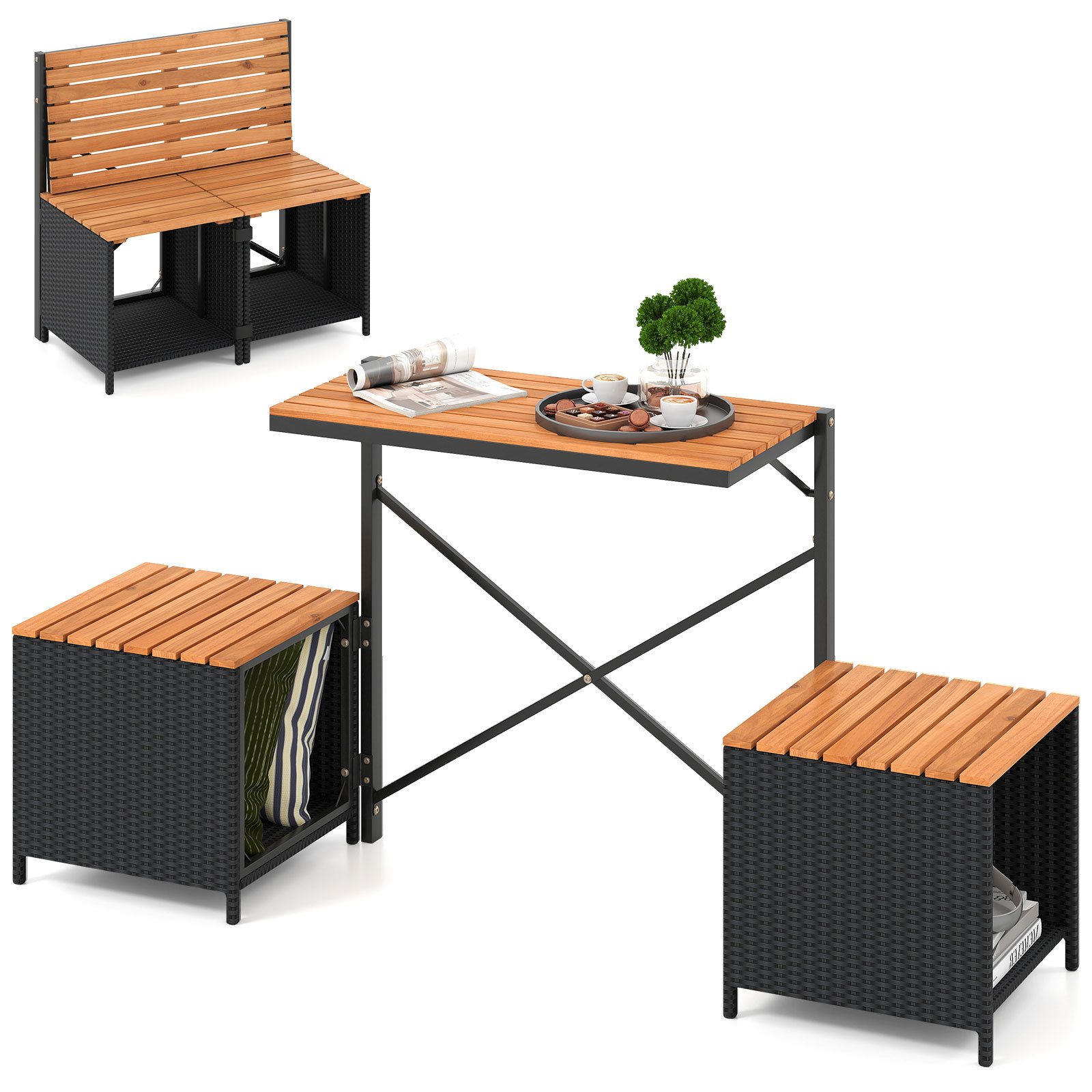 COSTWAY Balkonset, 2 in 1 Gartenbank, wandelbarer Picknicktisch & Sitzbank Rattan