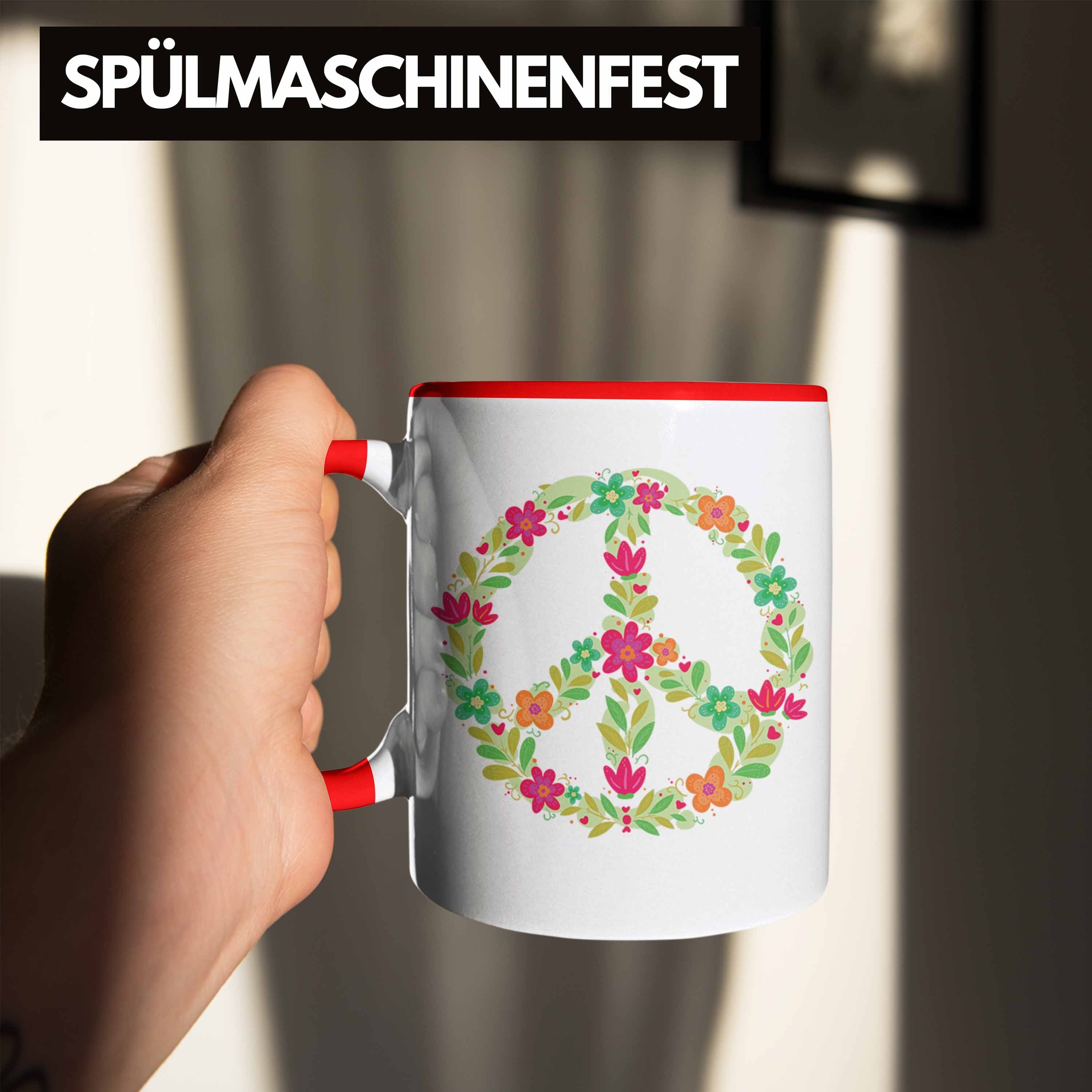 Trendation Rot Trendation - Tasse Peace Grün 80er 90er Frieden Blumen Grafik Zeichen Hippie Tasse Geschenk